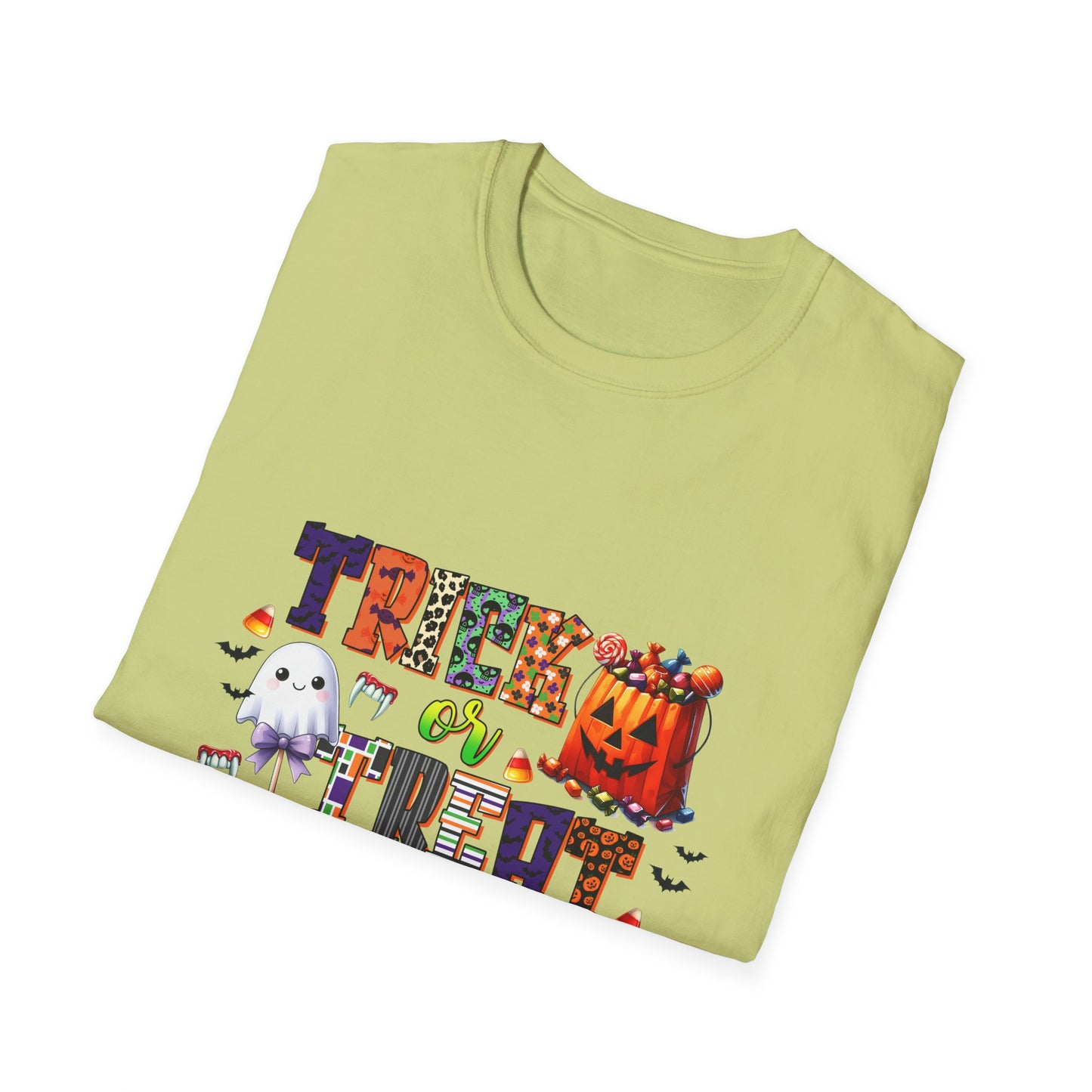 Halloween Trick or Treat T-Shirt - Unisex Softstyle Tee with Ghost and Pumpkin Design