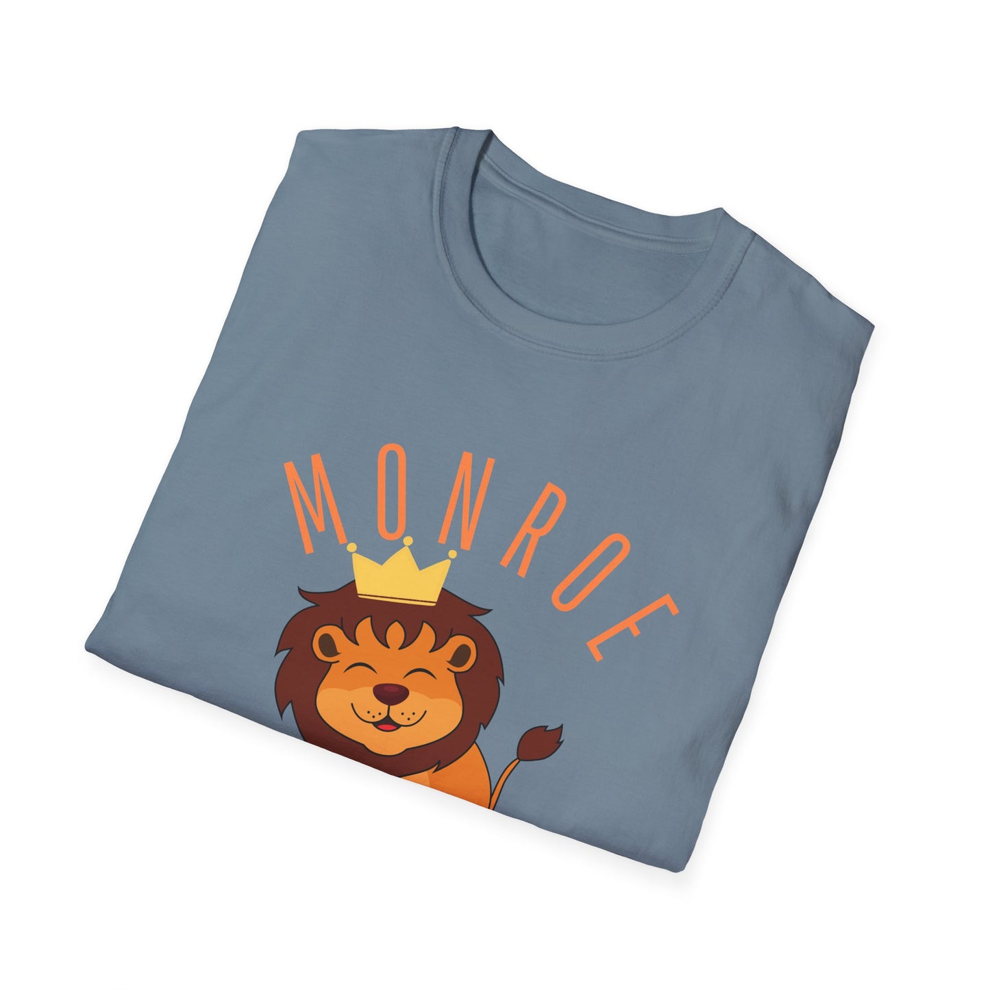 Monroe Monarchs (Orange Lettering) with Cute Grinning Lion Adult Unisex Softstyle T-Shirt