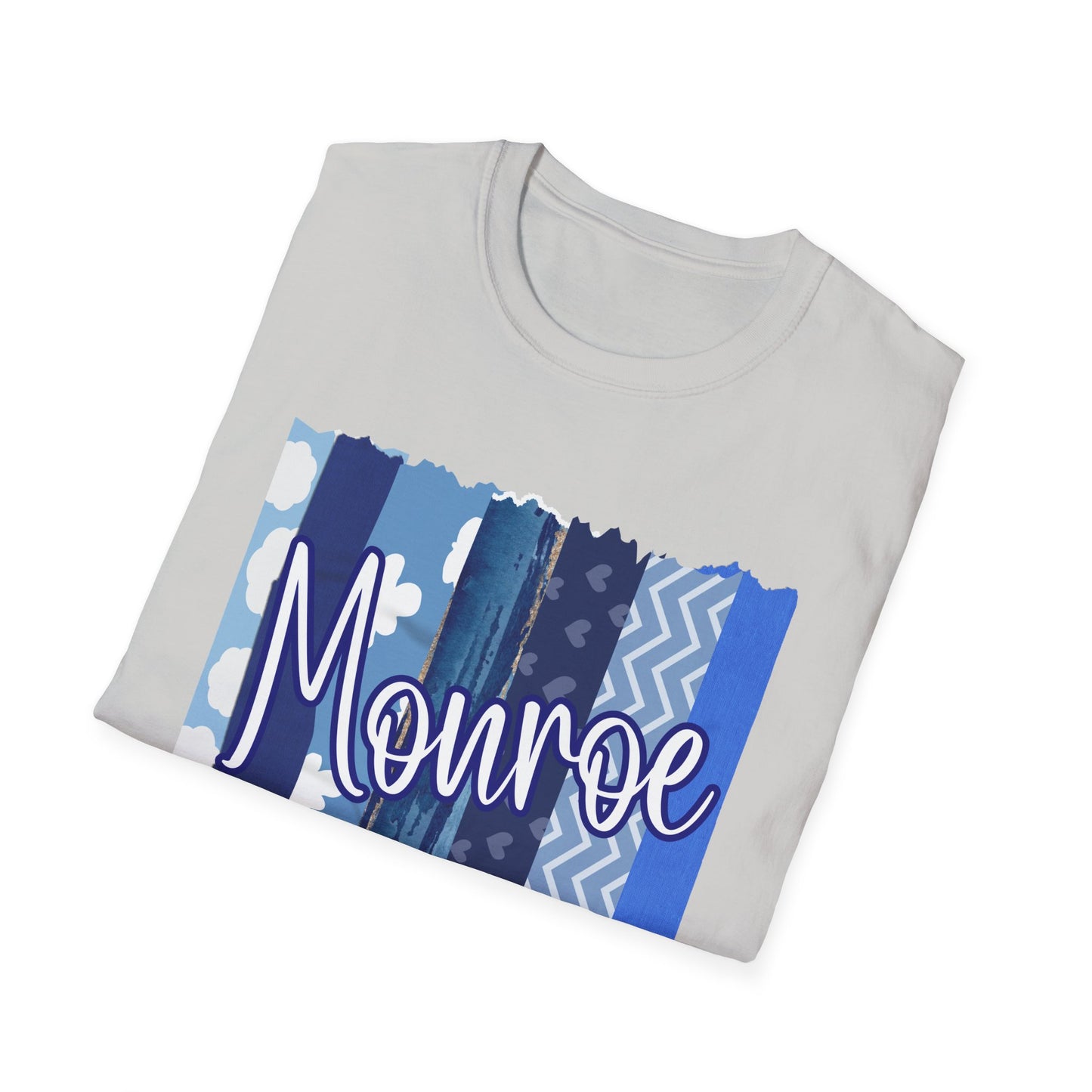 Monroe Blue Patchwork Unisex Softstyle T-Shirt - Perfect for Casual Wear & Gift Giving