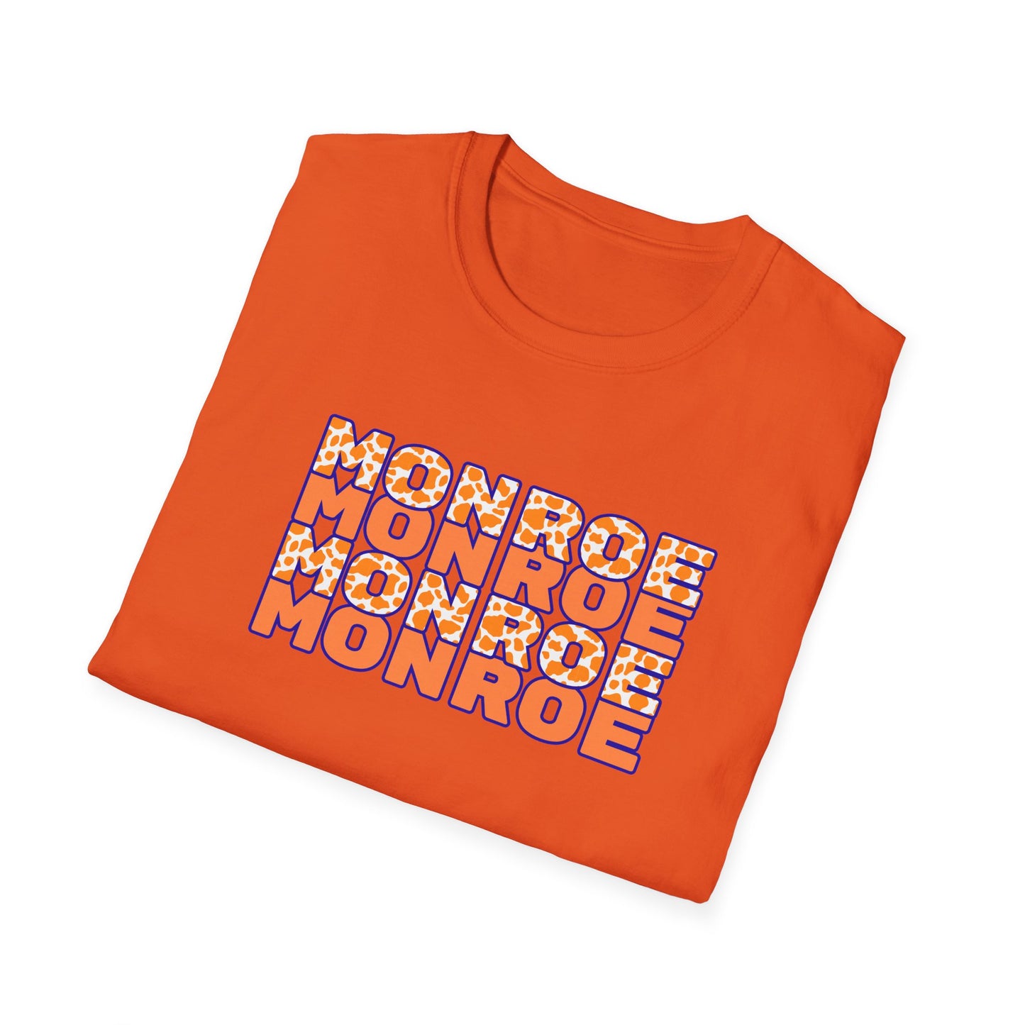Monroe Cow Print Orange Graphic Unisex Softstyle T-Shirt - Casual Blue Tee for Every Occasion