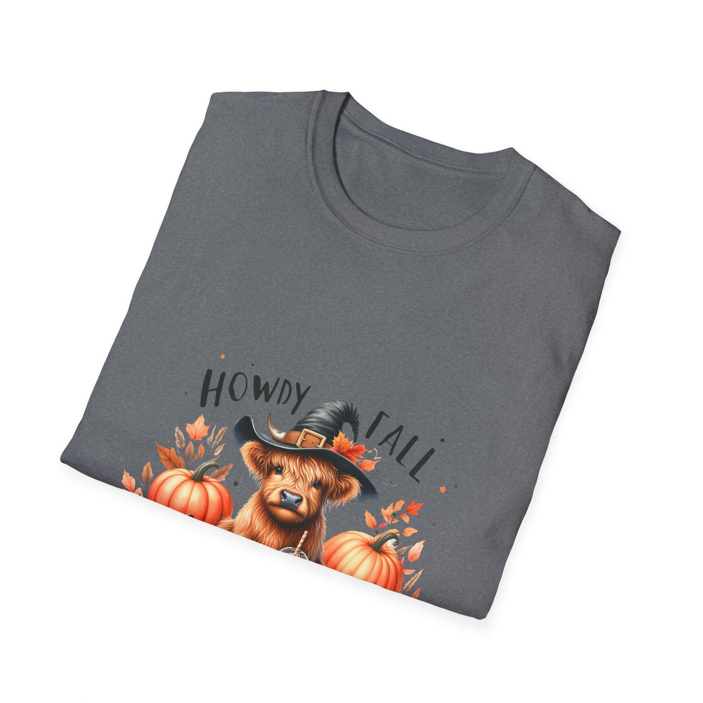 Halloween Cow with Latte Unisex Softstyle T-Shirt - "Howdy Fall" Design