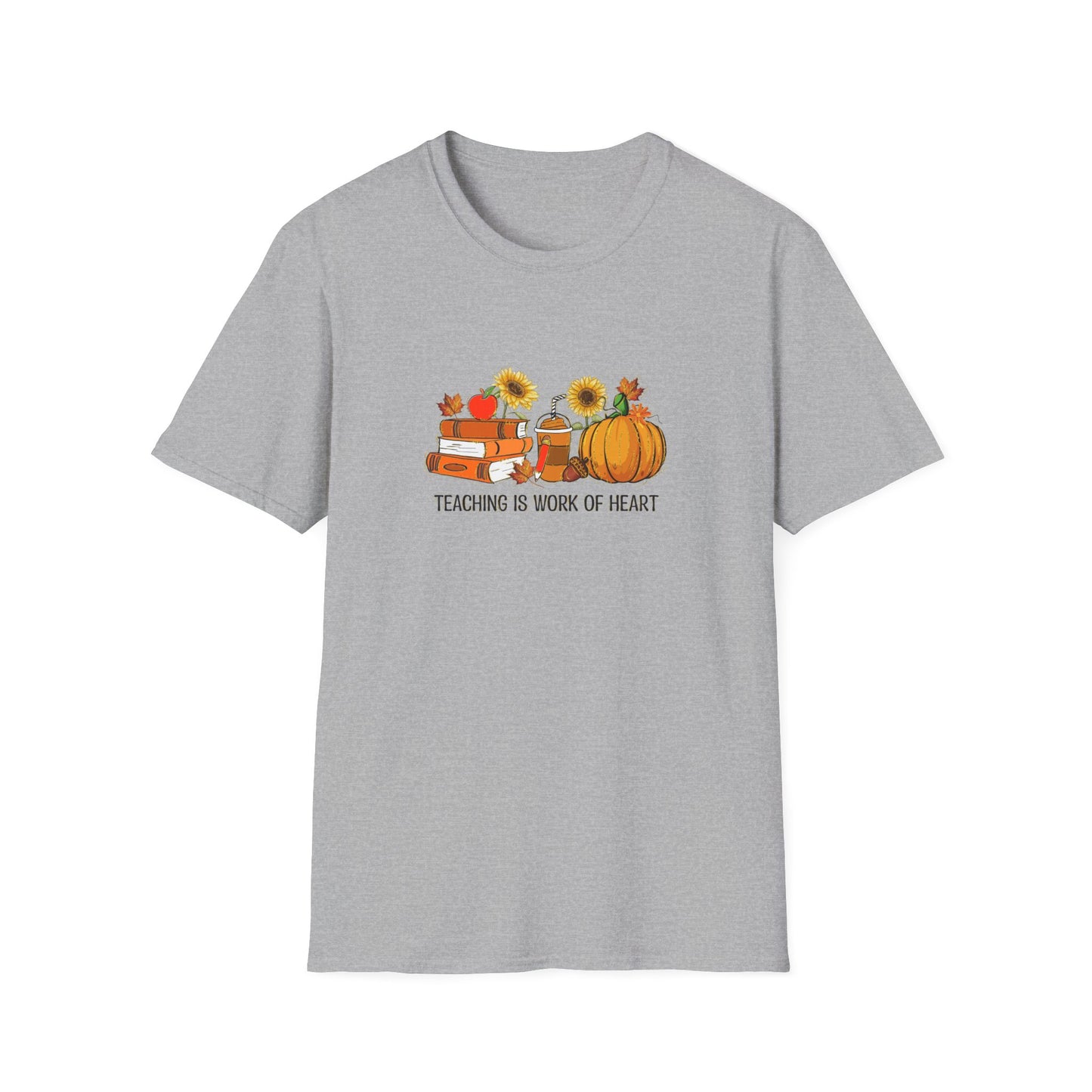 "Teaching is Work of Heart" Fall Teacher Unisex Softstyle T-Shirt - Pumpkin and Sunflower Design for Teachers