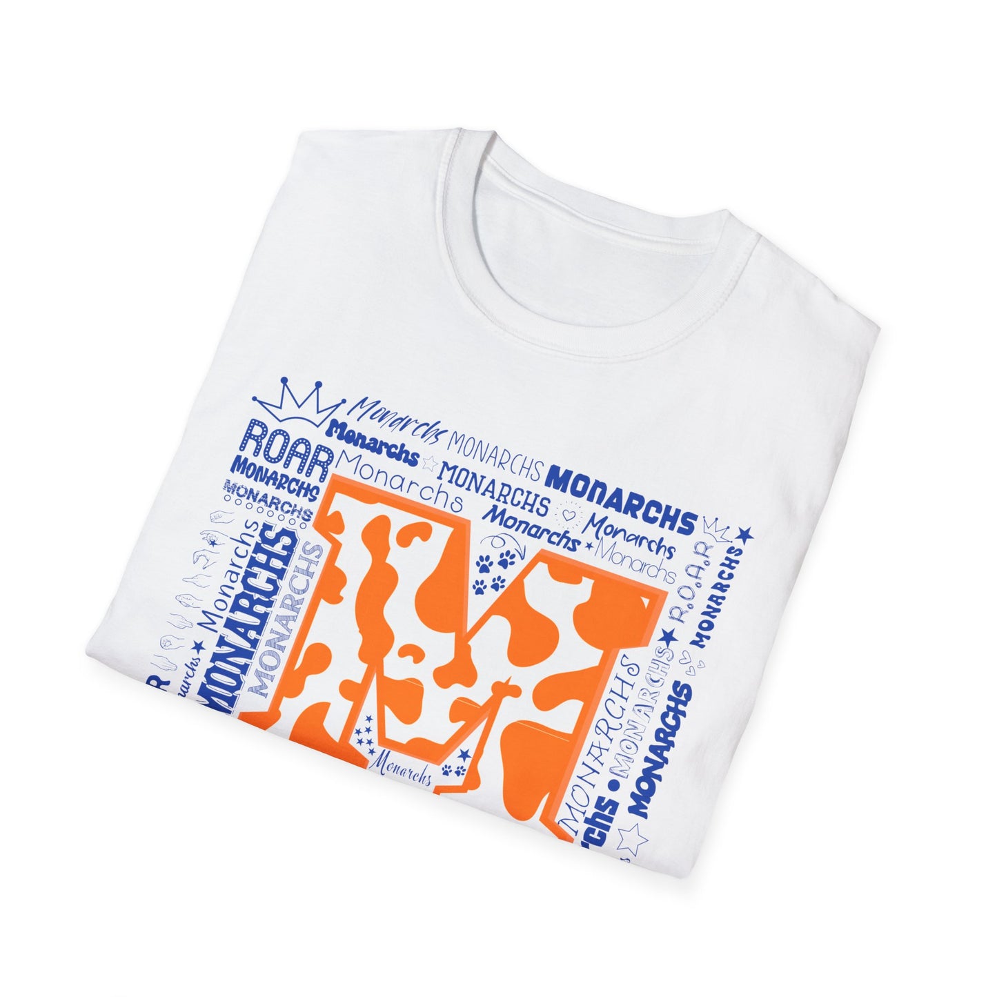 Orange Cow M Monarchs Unisex Softstyle T-Shirt with 'Monarchs Roar' Design - Perfect for School Spirit and Team Events