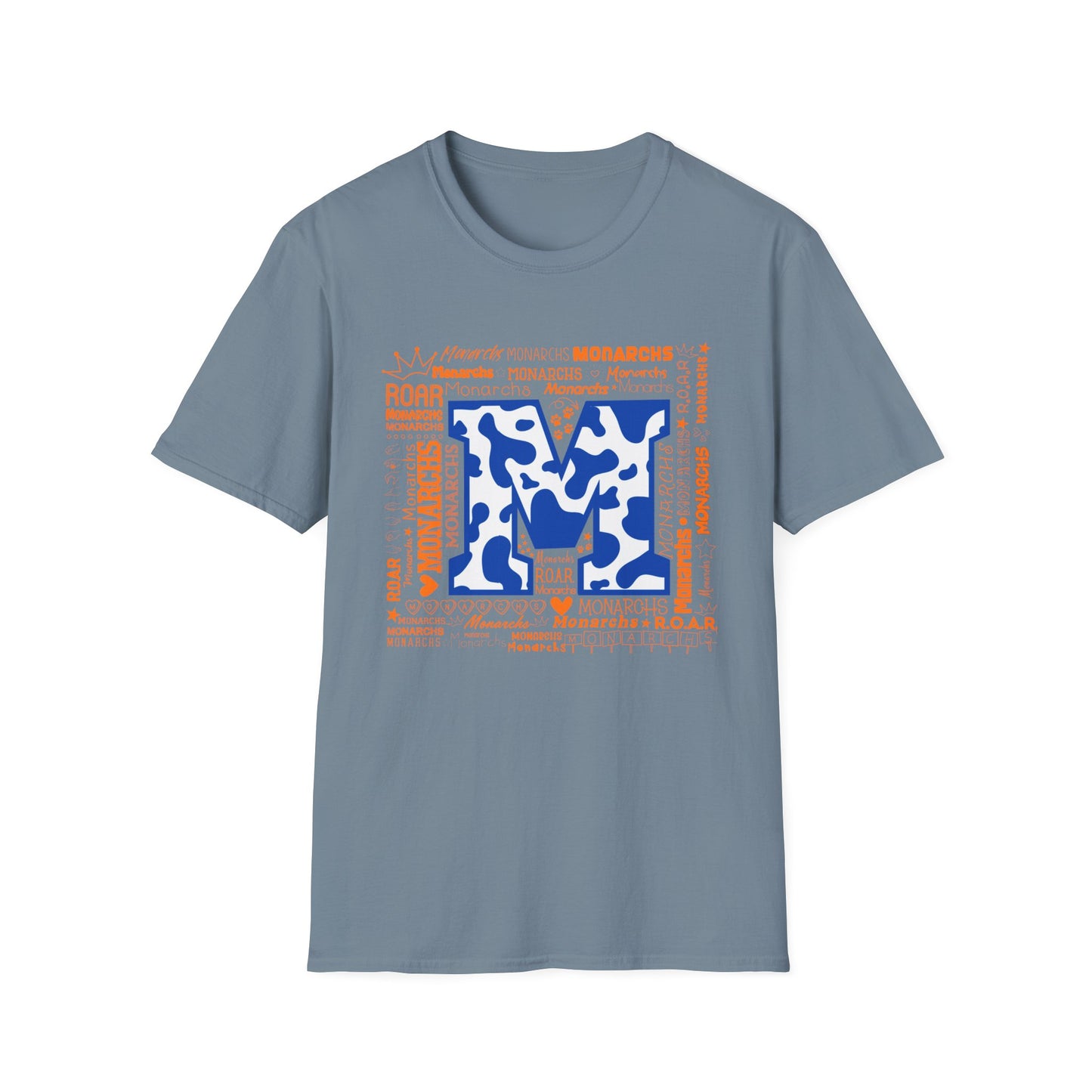Blue Cow Print M Monarchs Unisex Softstyle T-Shirt - Monarchs Roar Graphic Tee for School Spirit