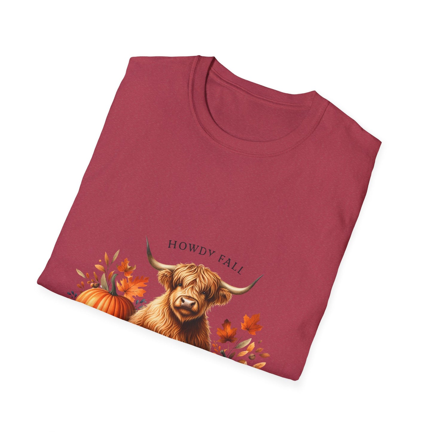 Howdy Fall-Themed Highland Cow Unisex T-Shirt - Cute Pumpkin Design