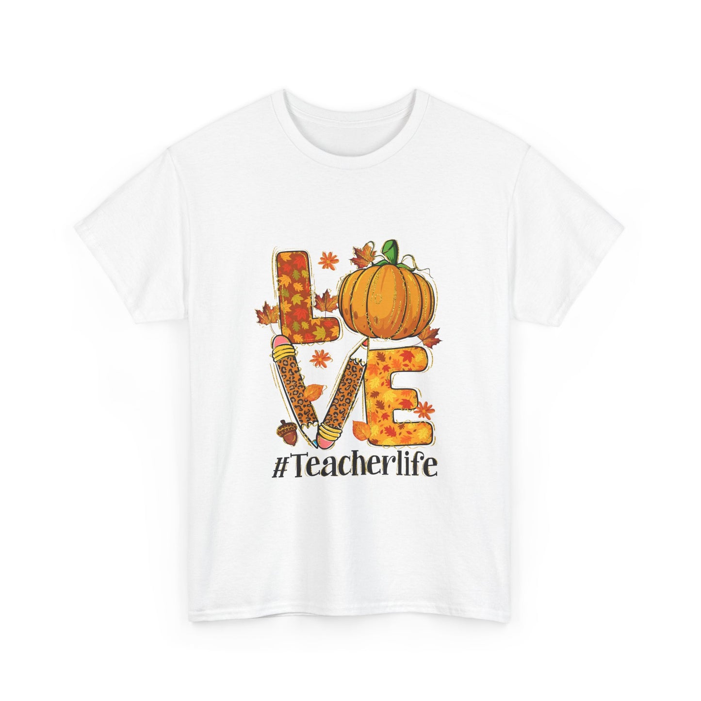 Fall Teacher Life Unisex Heavy Cotton Tee - Love & Pumpkin Design