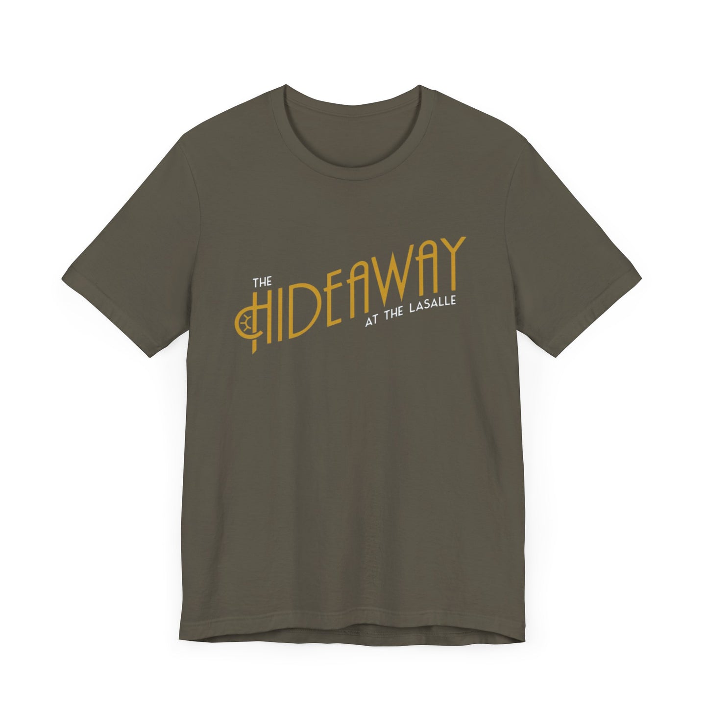 The Hideaway At the Lasalle Printed on Front with back desing Unisex Jersey Short Sleeve Tee