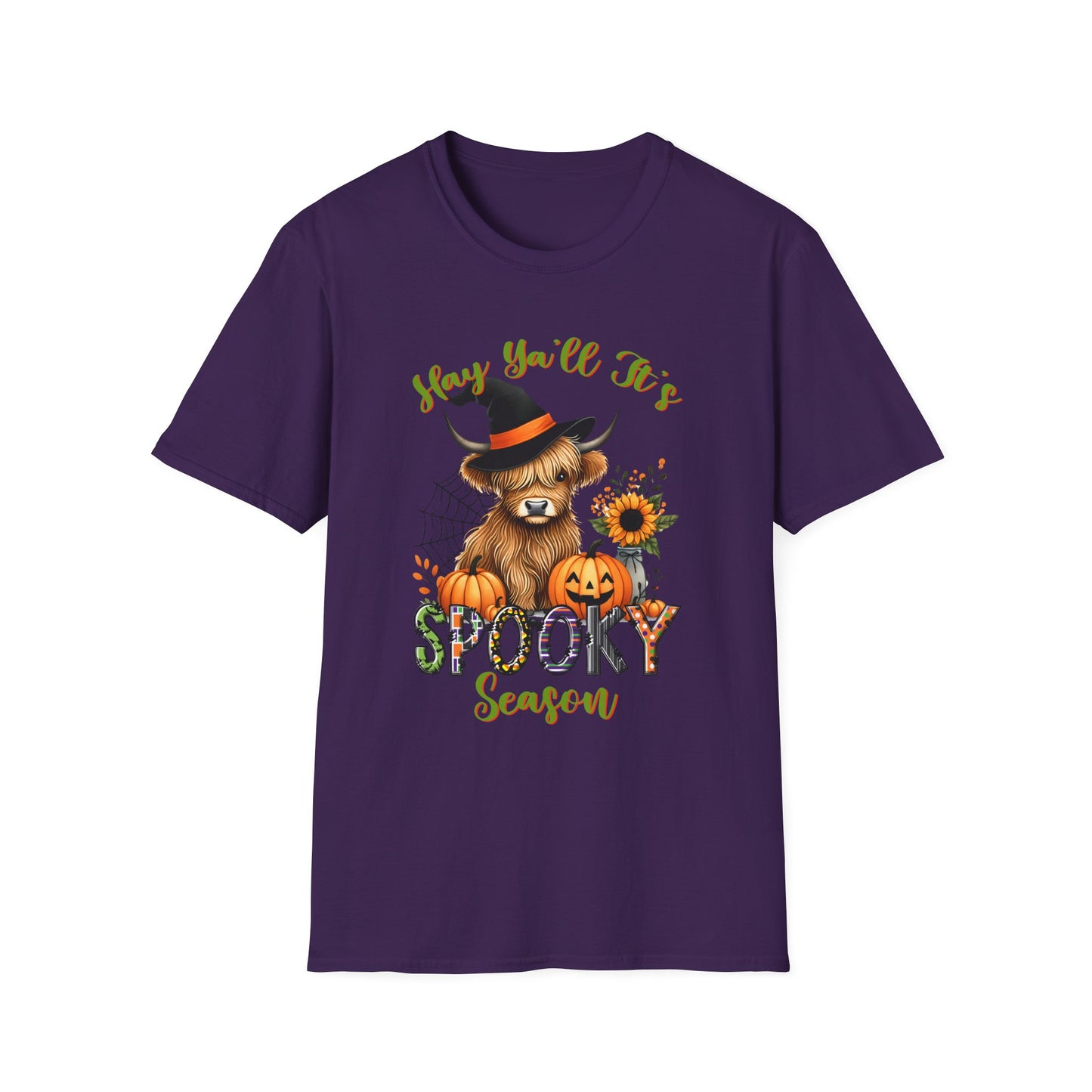 Hey Y'all It's Spooky Season Halloween Cow Unisex Softstyle T-Shirt - Perfect for Halloween Celebrations