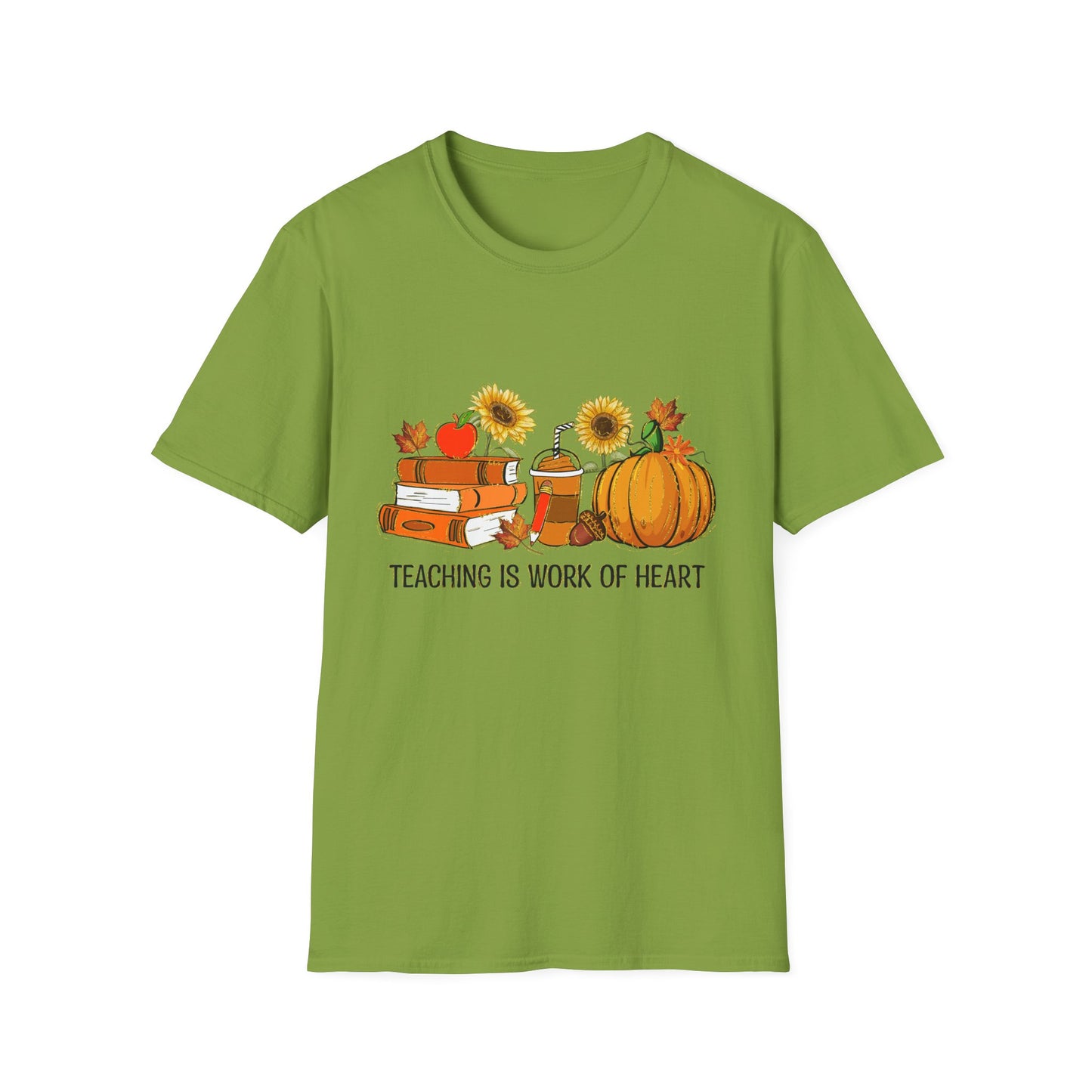 "Teaching is Work of Heart" Fall Teacher Unisex Softstyle T-Shirt - Pumpkin and Sunflower Design for Teachers