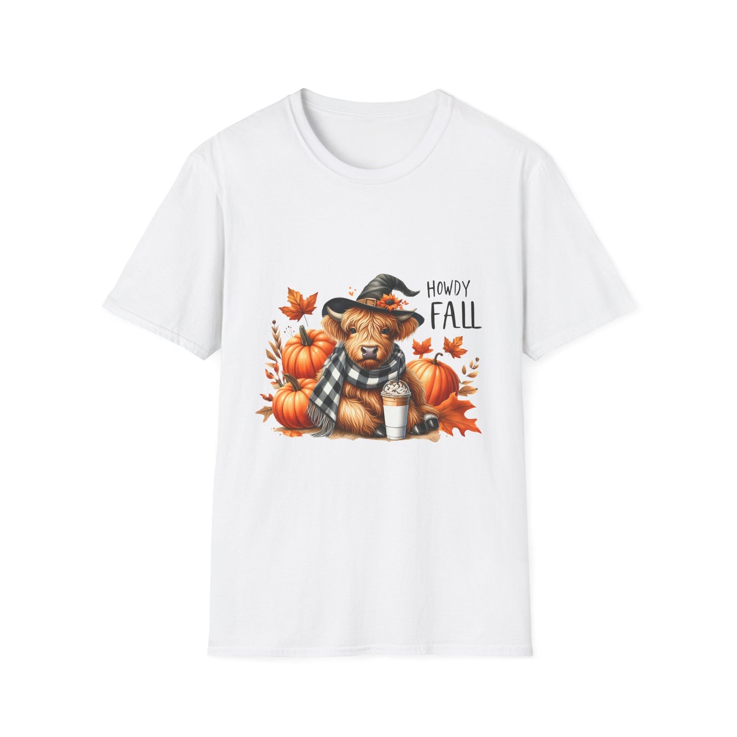 Howdy Fall-Themed Unisex T-Shirt with Cute Cow, Latte, and Pumpkin Design