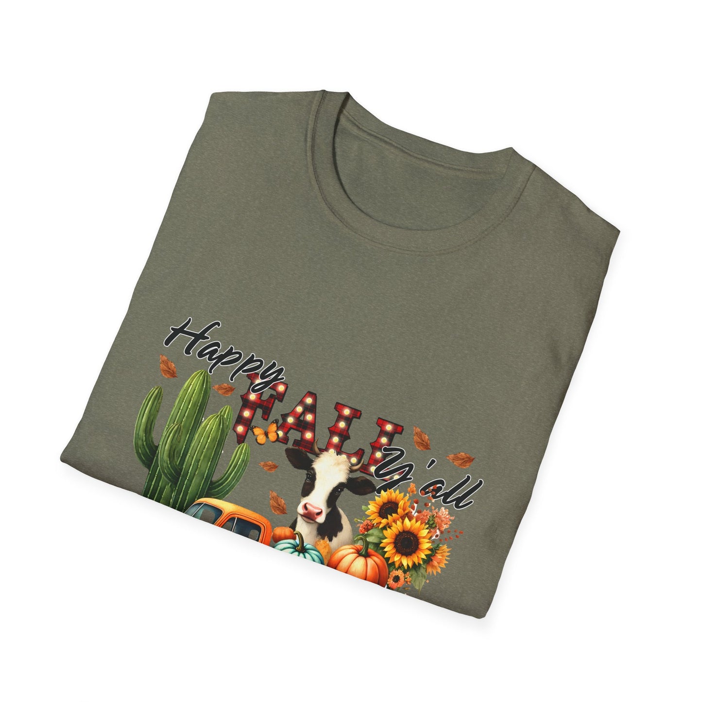 Happy Fall Y'all Unisex Softstyle Cow. FarmT-Shirt - Autumn Vibe Tee with Pumpkins and Sunflowers