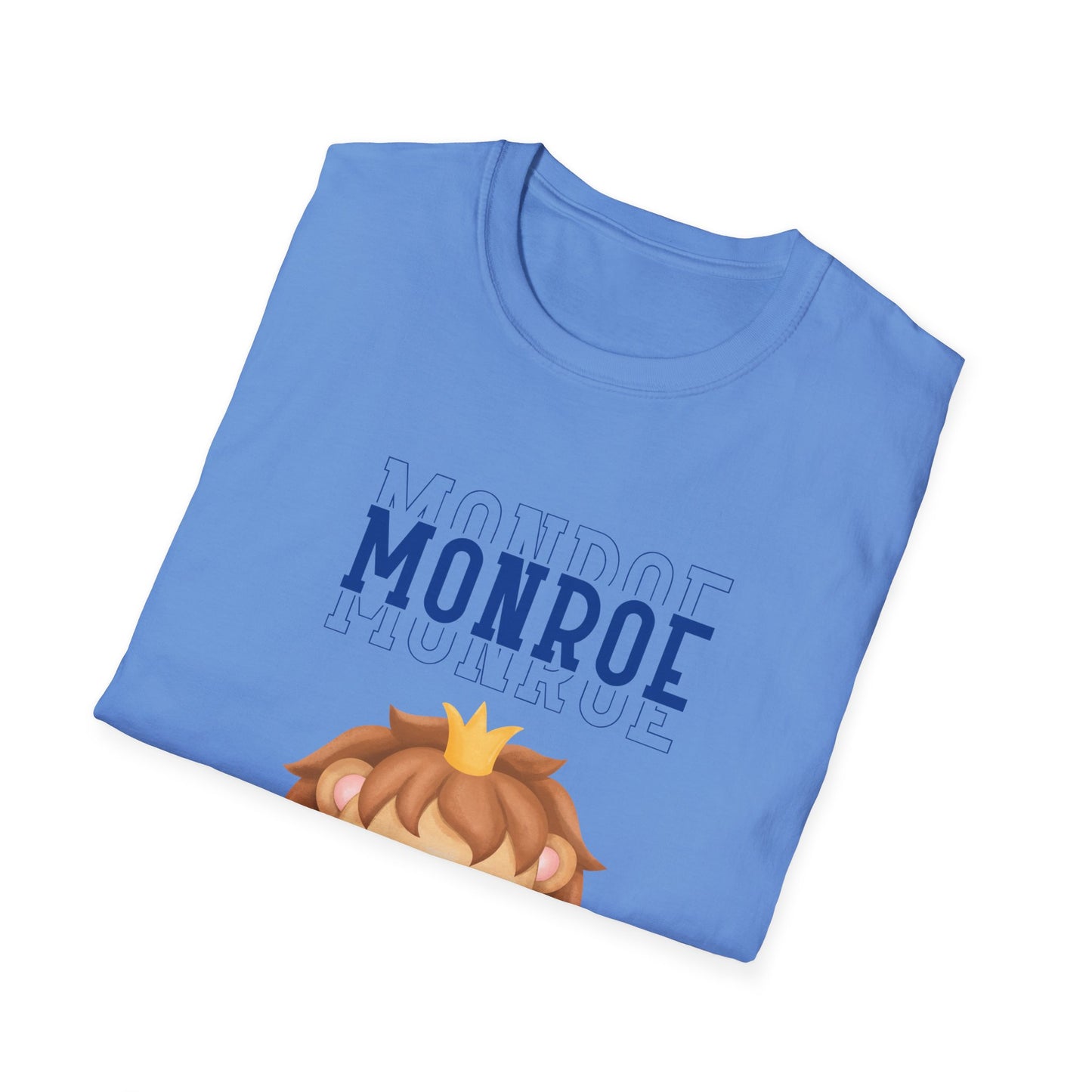 Triple Monroe Blue Lettering Cute Lion Wearing Crown Softstyle T-Shirt: Adult Unisex