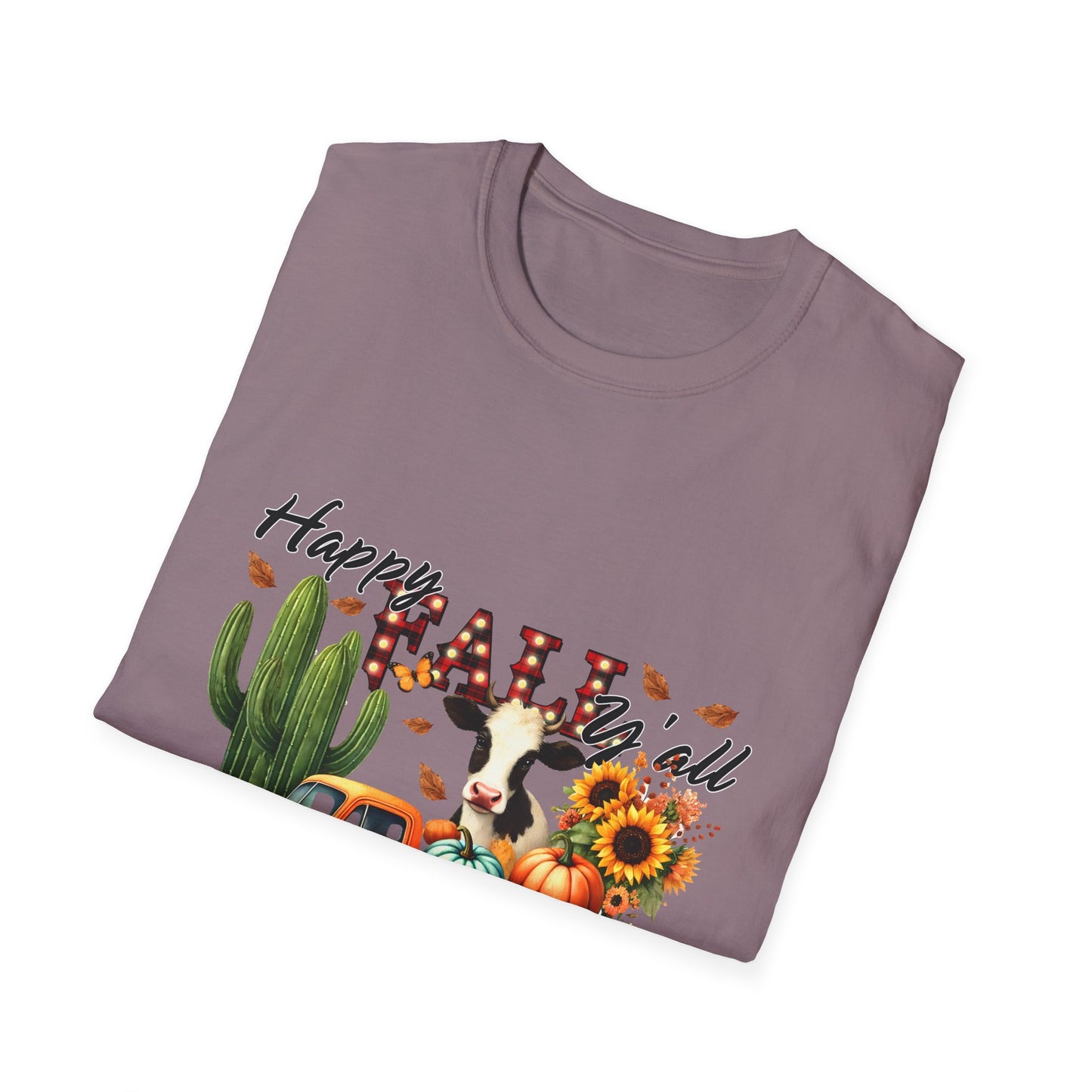 Happy Fall Y'all Unisex Softstyle Cow. FarmT-Shirt - Autumn Vibe Tee with Pumpkins and Sunflowers