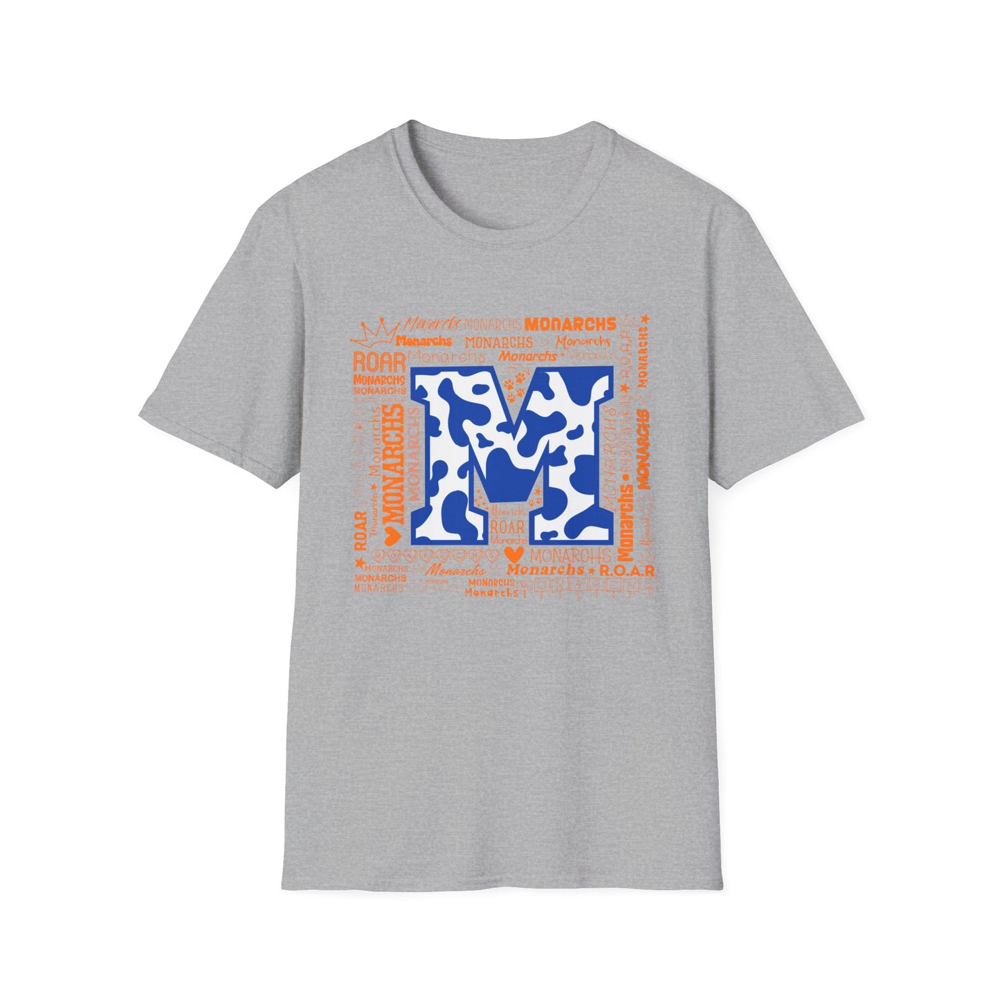 Blue Cow Print M Monarchs Unisex Softstyle T-Shirt - Monarchs Roar Graphic Tee for School Spirit