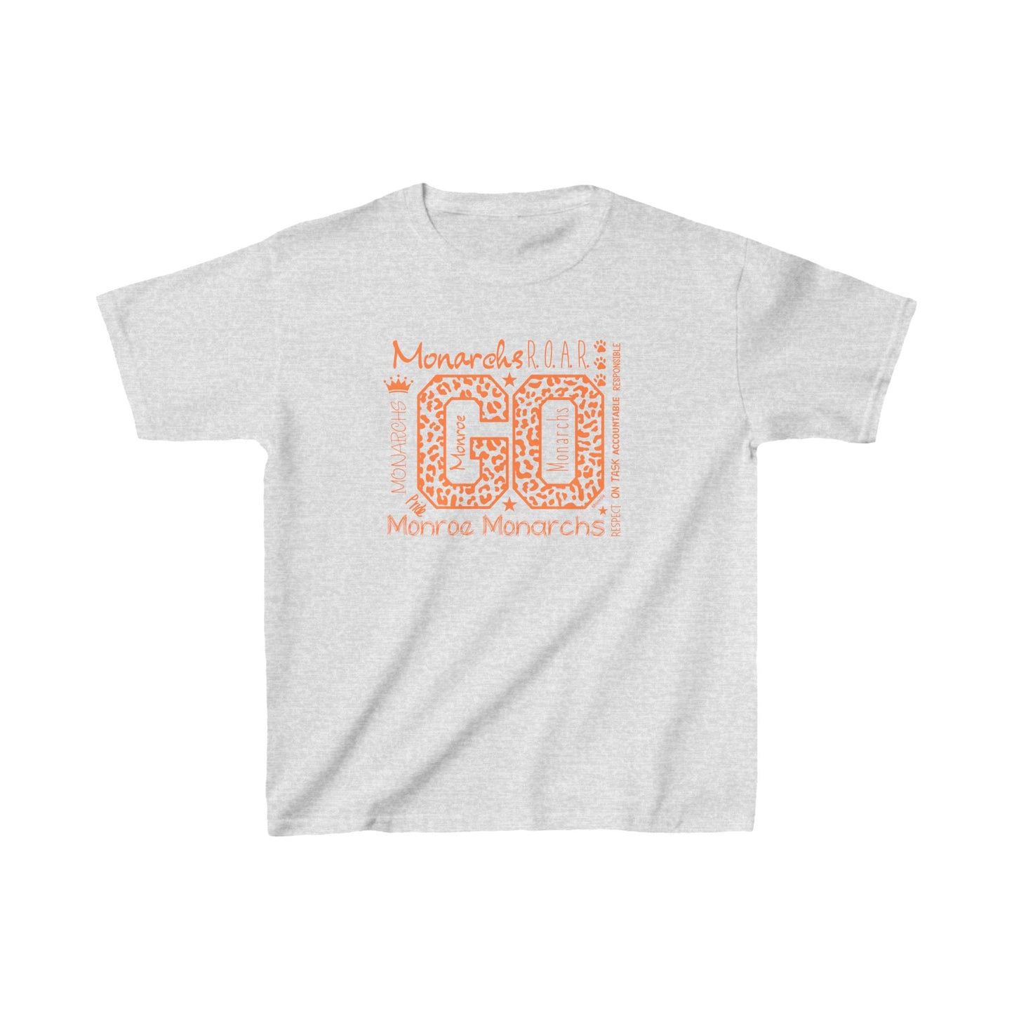 Kids Go Monarchs Orange Leopard Heavy Cotton Tee - Go Monroe Monarchs Cheer Shirt