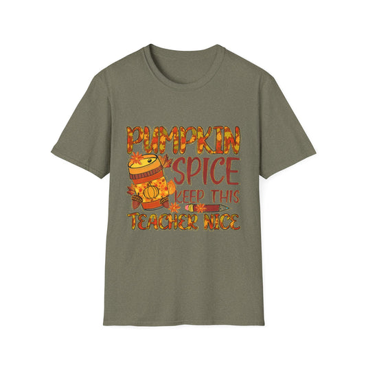 "Pumpkin Spice  Keeps this Teacher Nice" Fall Teacher Unisex Softstyle T-Shirt