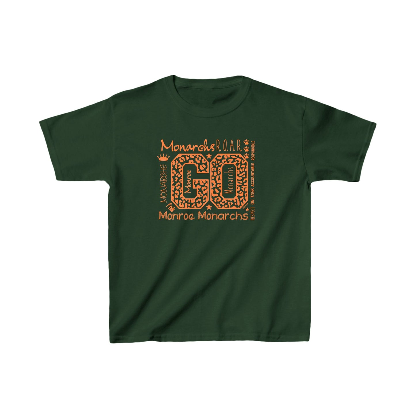 Kids Go Monarchs Orange Leopard Heavy Cotton Tee - Go Monroe Monarchs Cheer Shirt