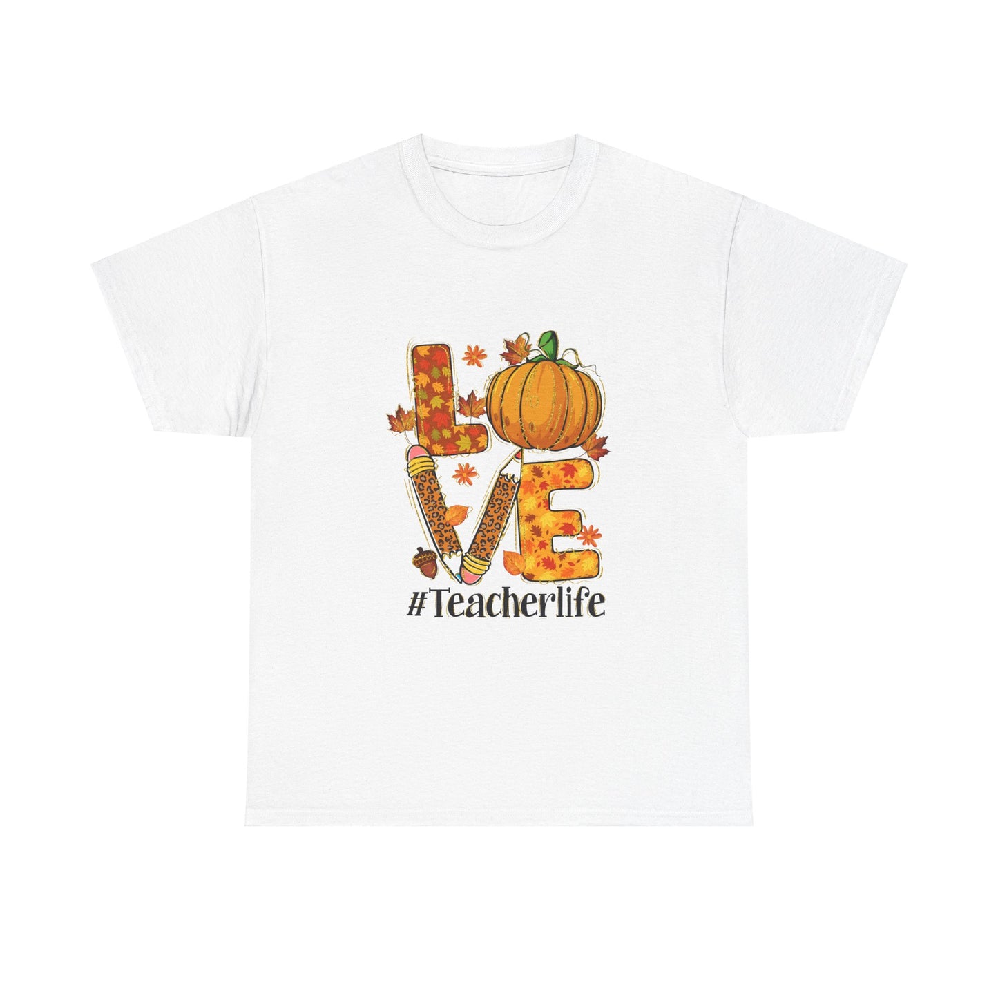 Fall Teacher Life Unisex Heavy Cotton Tee - Love & Pumpkin Design