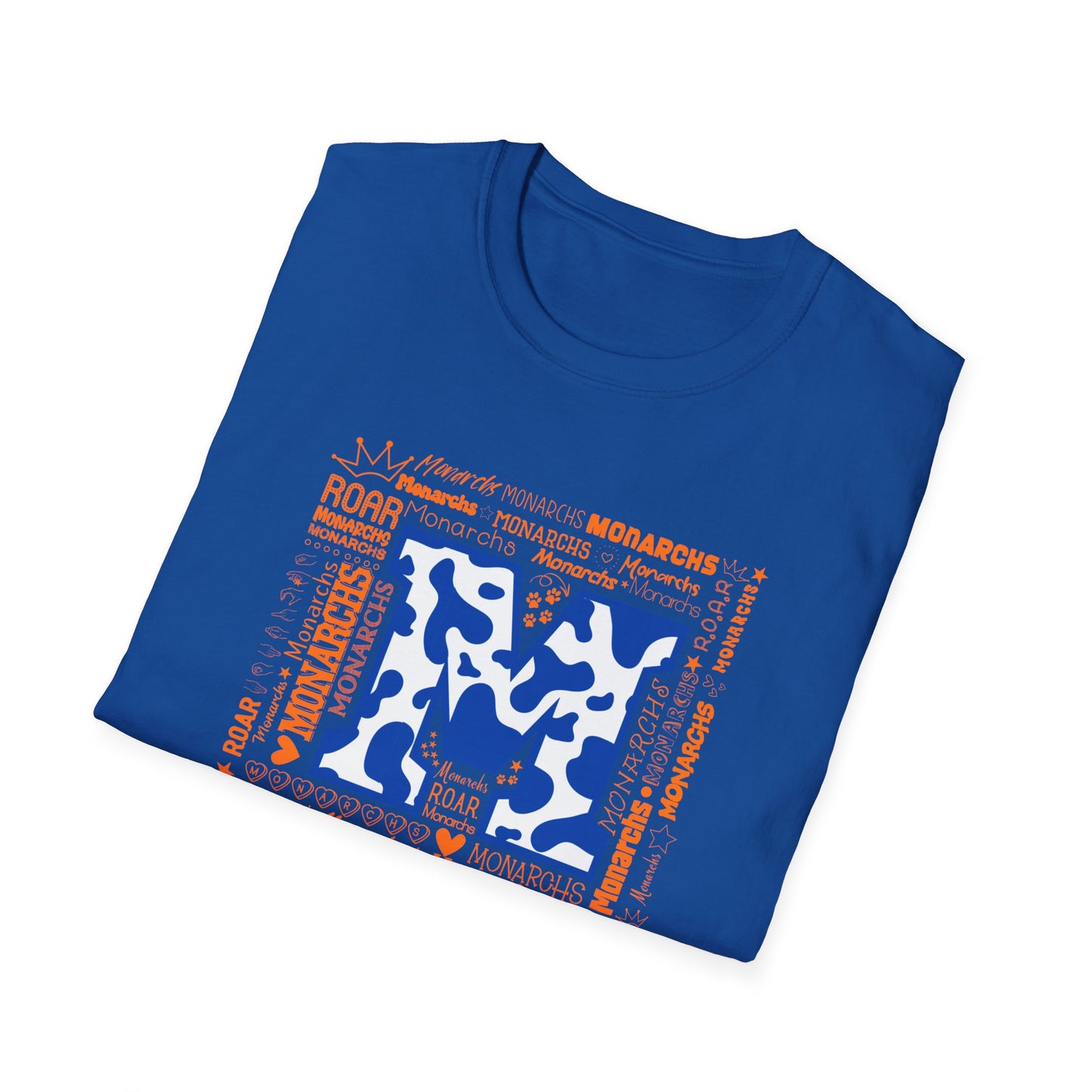 Blue Cow Print M Monarchs Unisex Softstyle T-Shirt - Monarchs Roar Graphic Tee for School Spirit