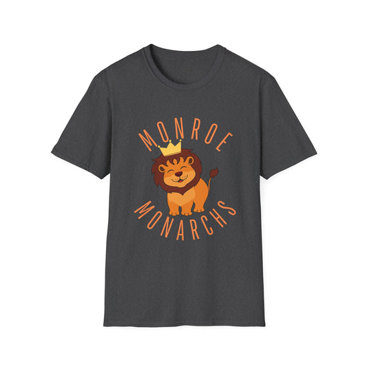 Monroe Monarchs (Orange Lettering) with Cute Grinning  Lion Adult Unisex Softstyle T-Shirt