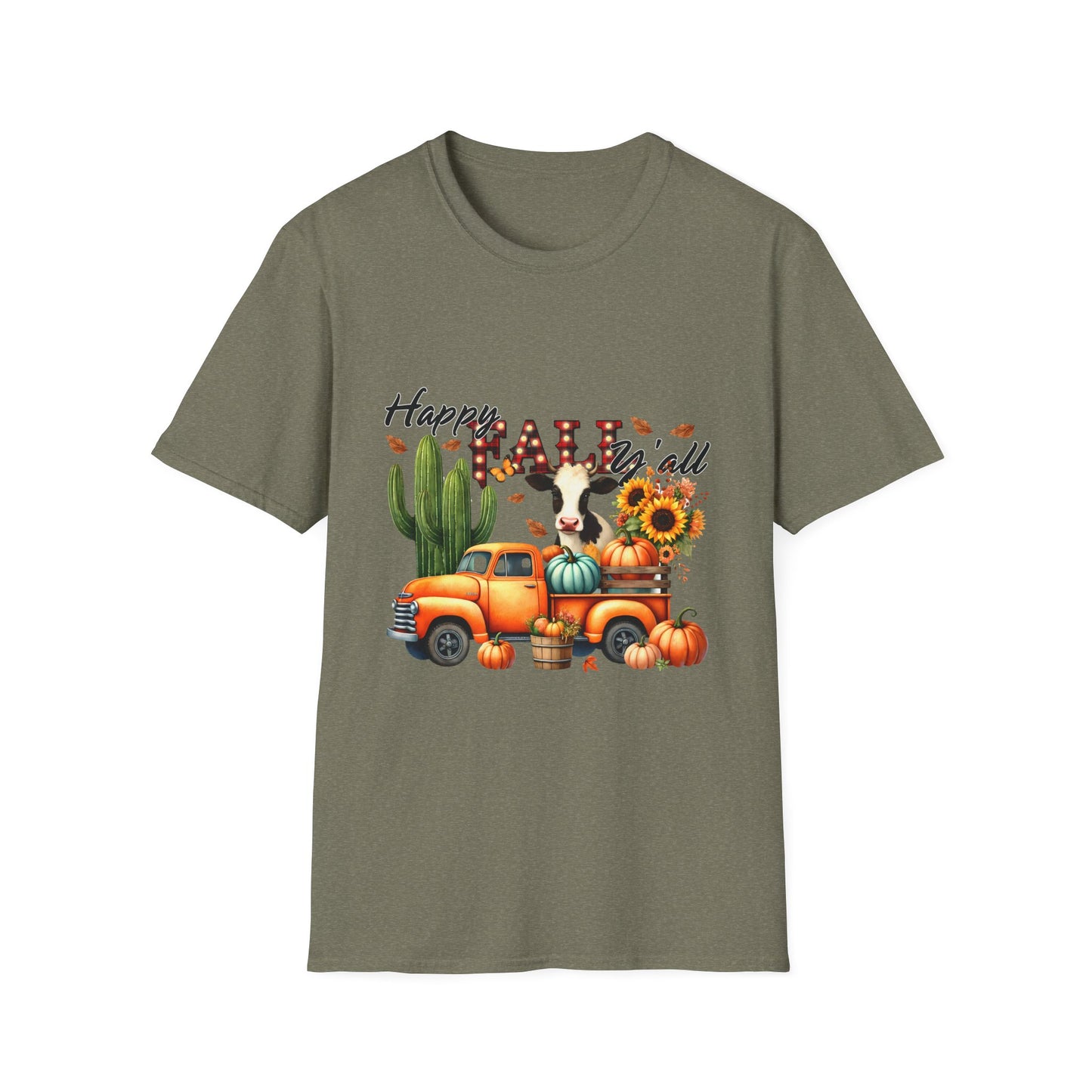 Happy Fall Y'all Unisex Softstyle Cow. FarmT-Shirt - Autumn Vibe Tee with Pumpkins and Sunflowers