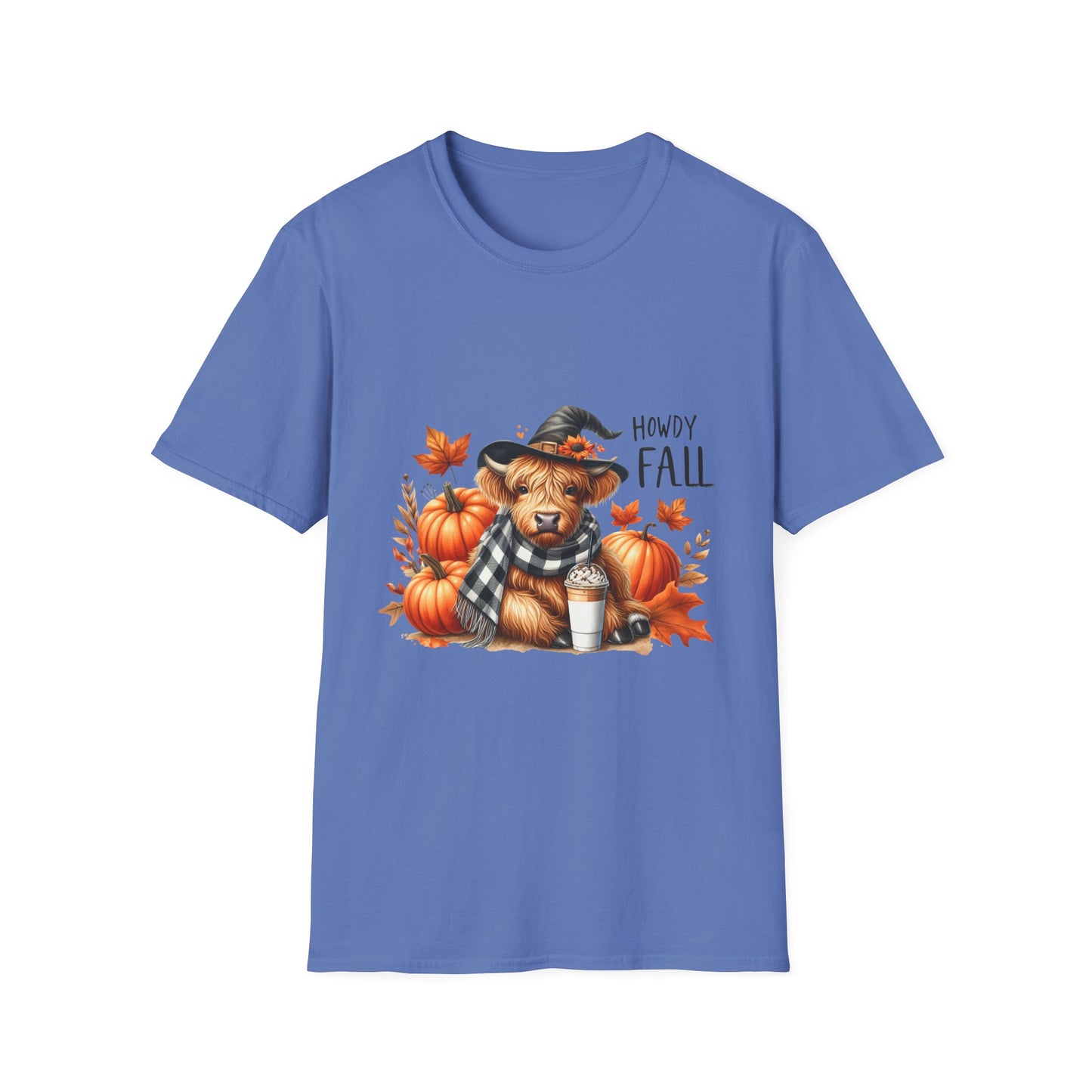 Howdy Fall-Themed Unisex T-Shirt with Cute Cow, Latte, and Pumpkin Design