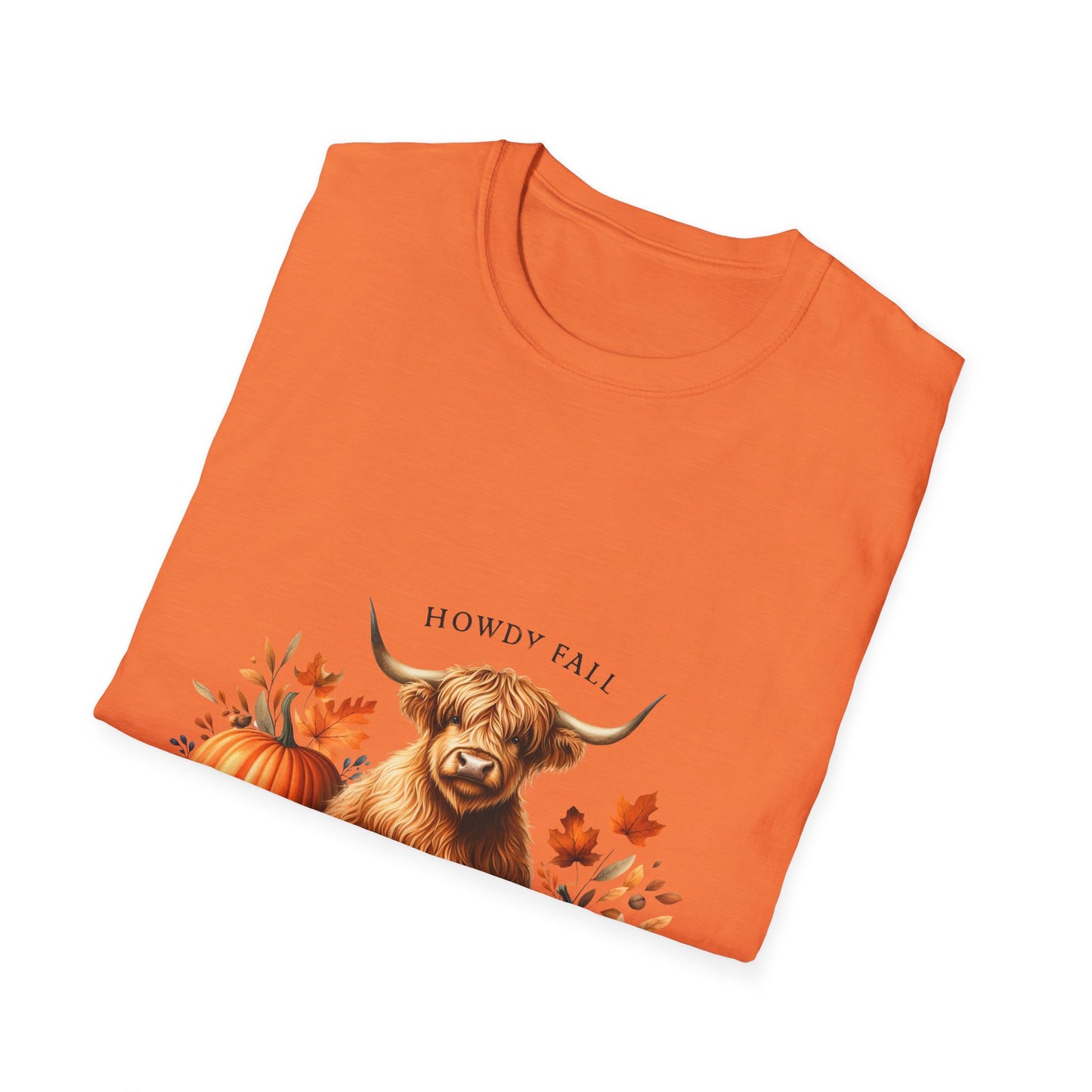 Howdy Fall-Themed Highland Cow Unisex T-Shirt - Cute Pumpkin Design