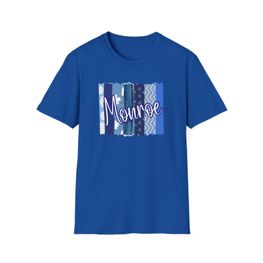 Monroe Blue Patchwork Unisex Softstyle T-Shirt - Perfect for Casual Wear & Gift Giving