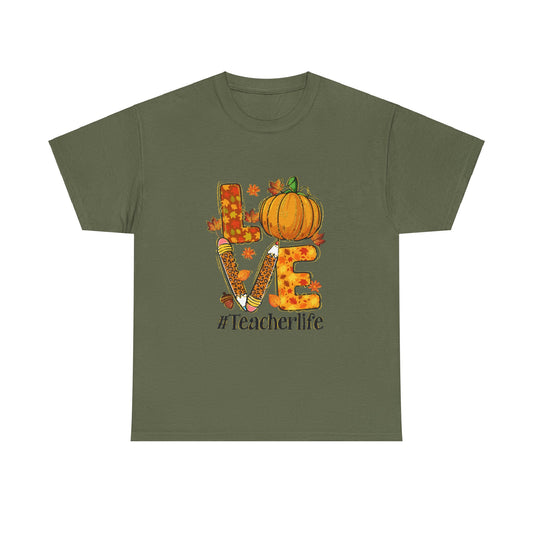 Fall Teacher Life Unisex Heavy Cotton Tee - Love & Pumpkin Design