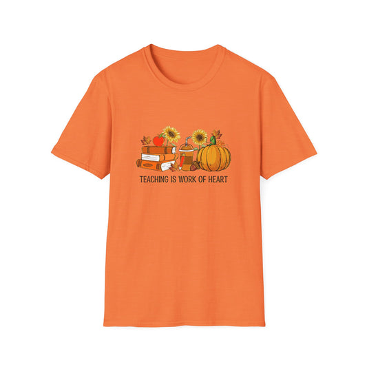 "Teaching is Work of Heart" Fall Teacher Unisex Softstyle T-Shirt - Pumpkin and Sunflower Design for Teachers