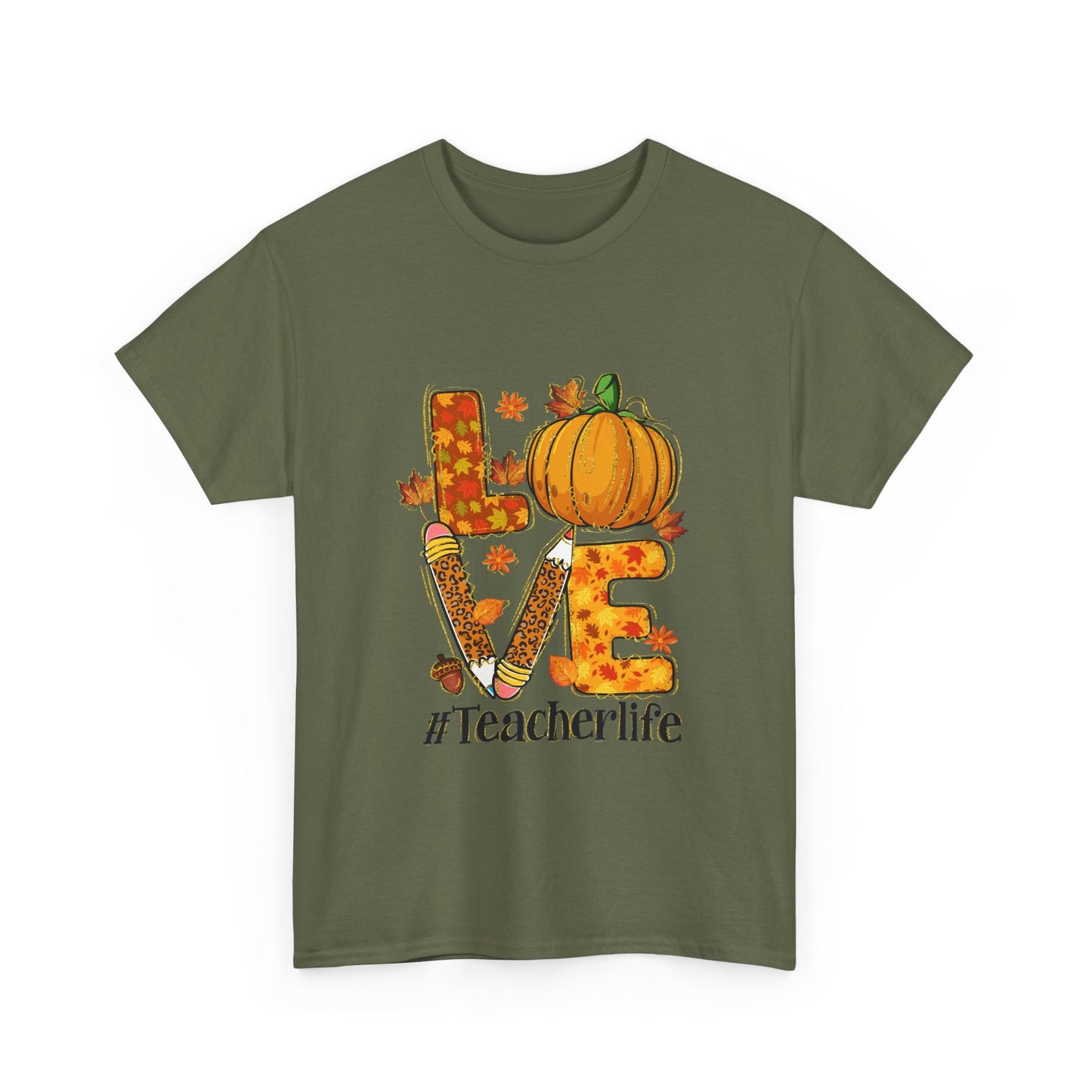 Fall Teacher Life Unisex Heavy Cotton Tee - Love & Pumpkin Design