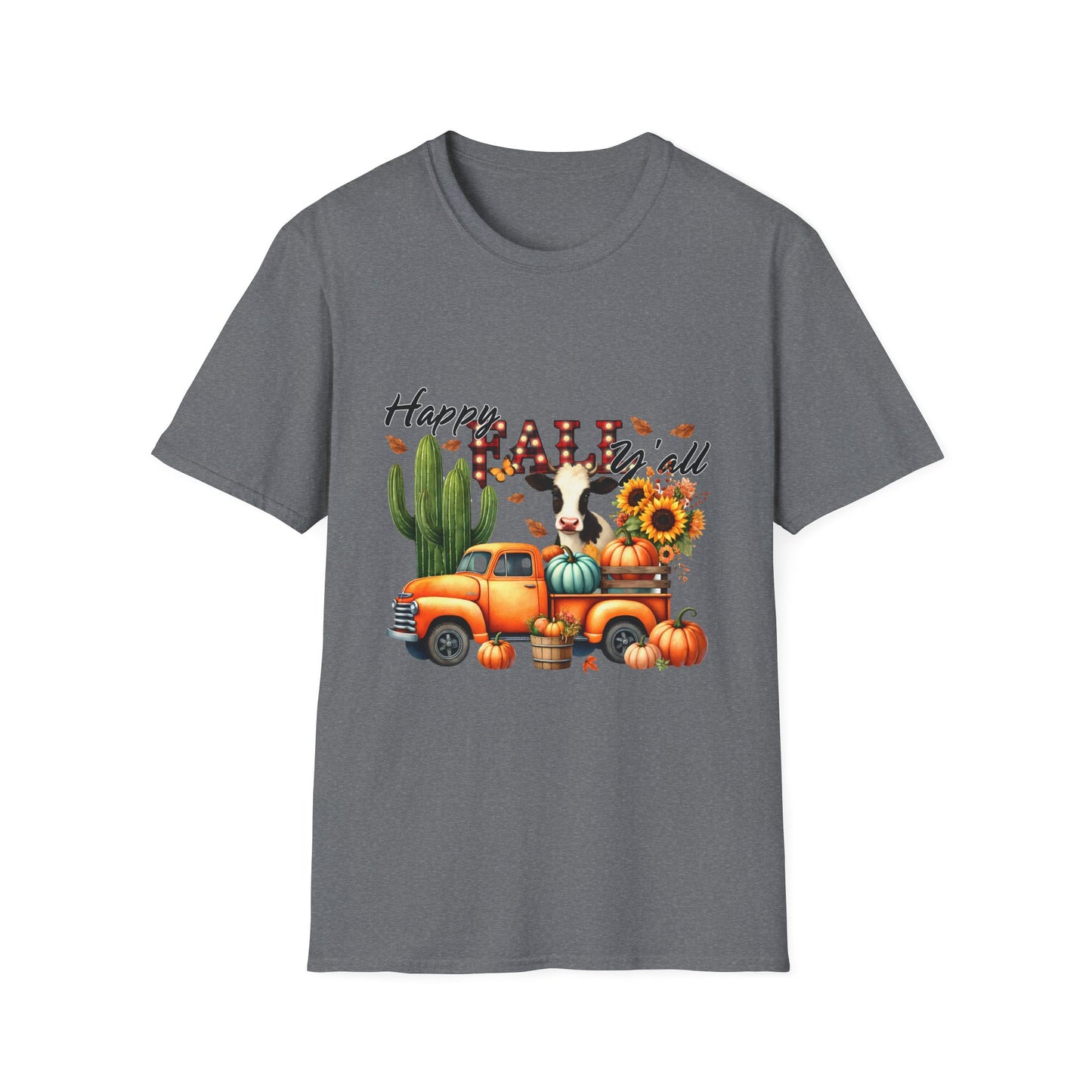 Happy Fall Y'all Unisex Softstyle Cow. FarmT-Shirt - Autumn Vibe Tee with Pumpkins and Sunflowers