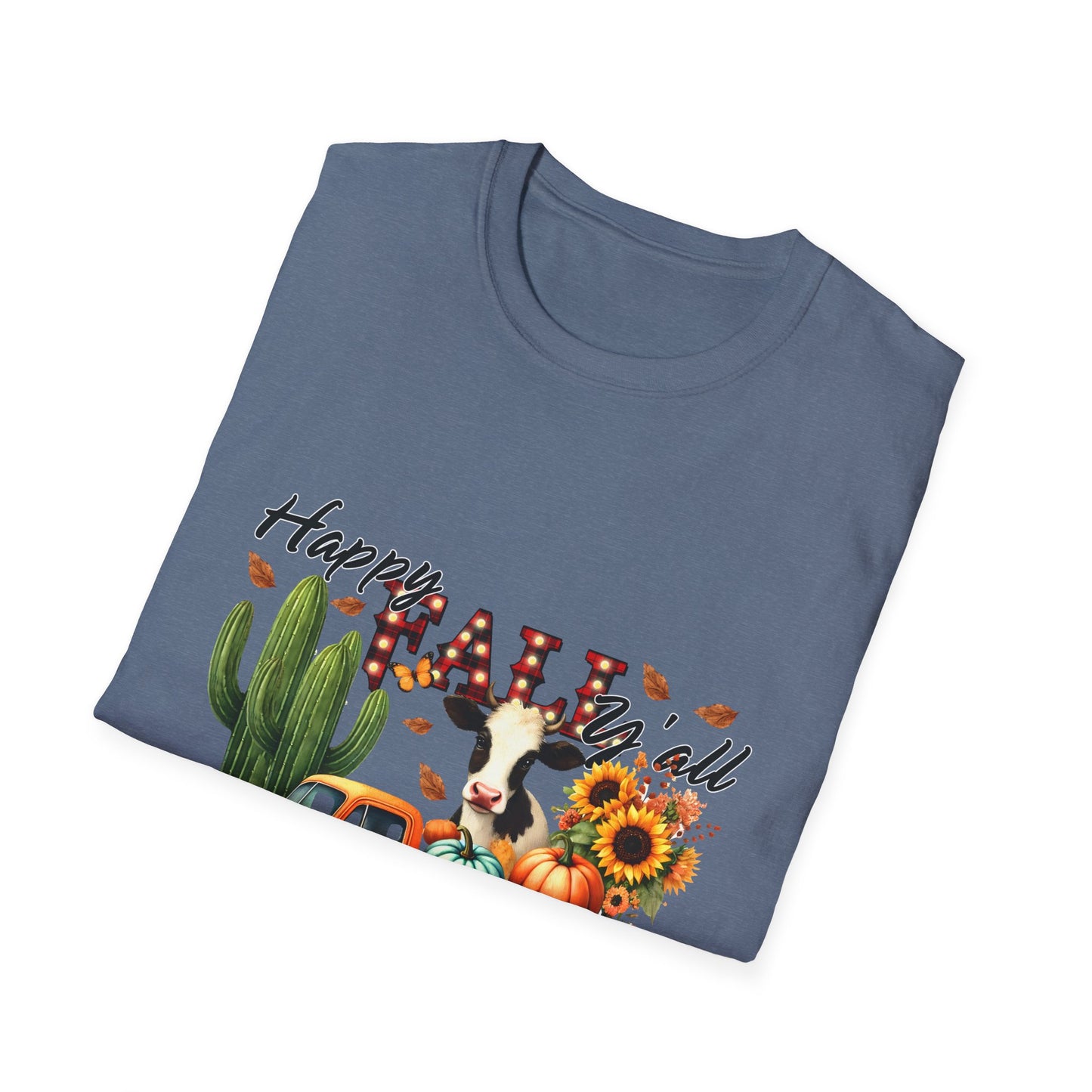 Happy Fall Y'all Unisex Softstyle Cow. FarmT-Shirt - Autumn Vibe Tee with Pumpkins and Sunflowers