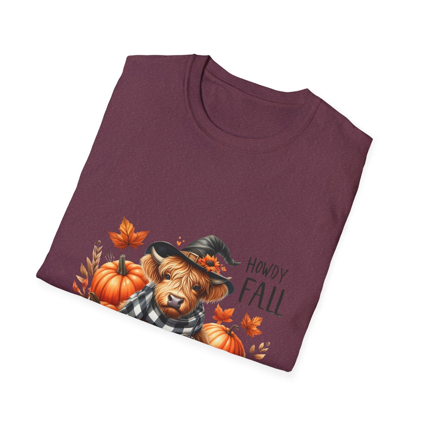 Howdy Fall-Themed Unisex T-Shirt with Cute Cow, Latte, and Pumpkin Design