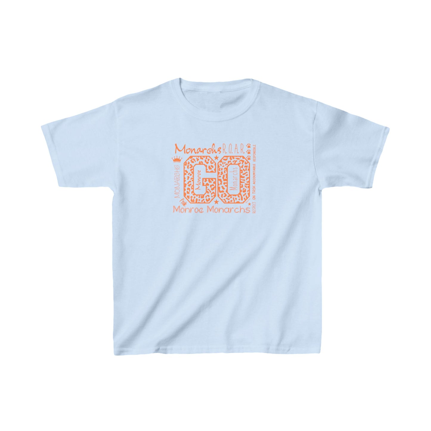 Kids Go Monarchs Orange Leopard Heavy Cotton Tee - Go Monroe Monarchs Cheer Shirt