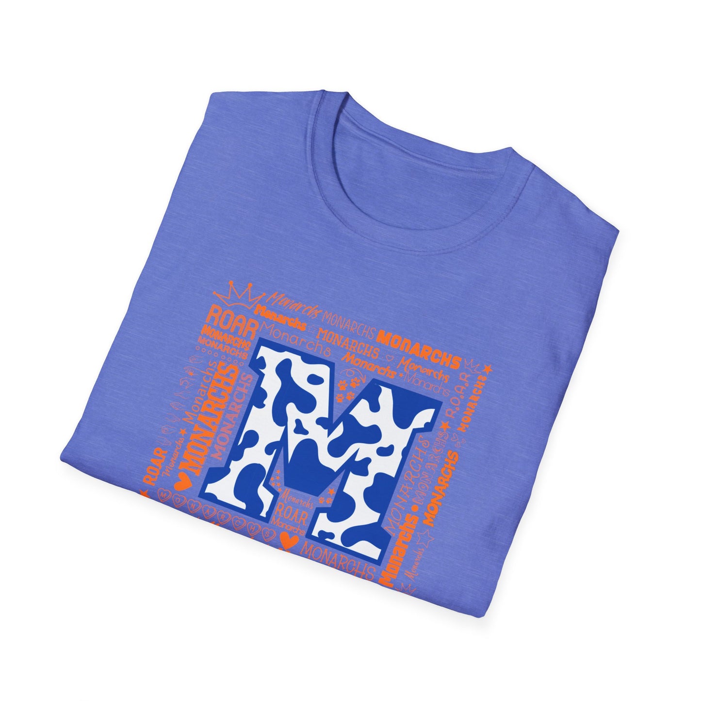 Blue Cow Print M Monarchs Unisex Softstyle T-Shirt - Monarchs Roar Graphic Tee for School Spirit