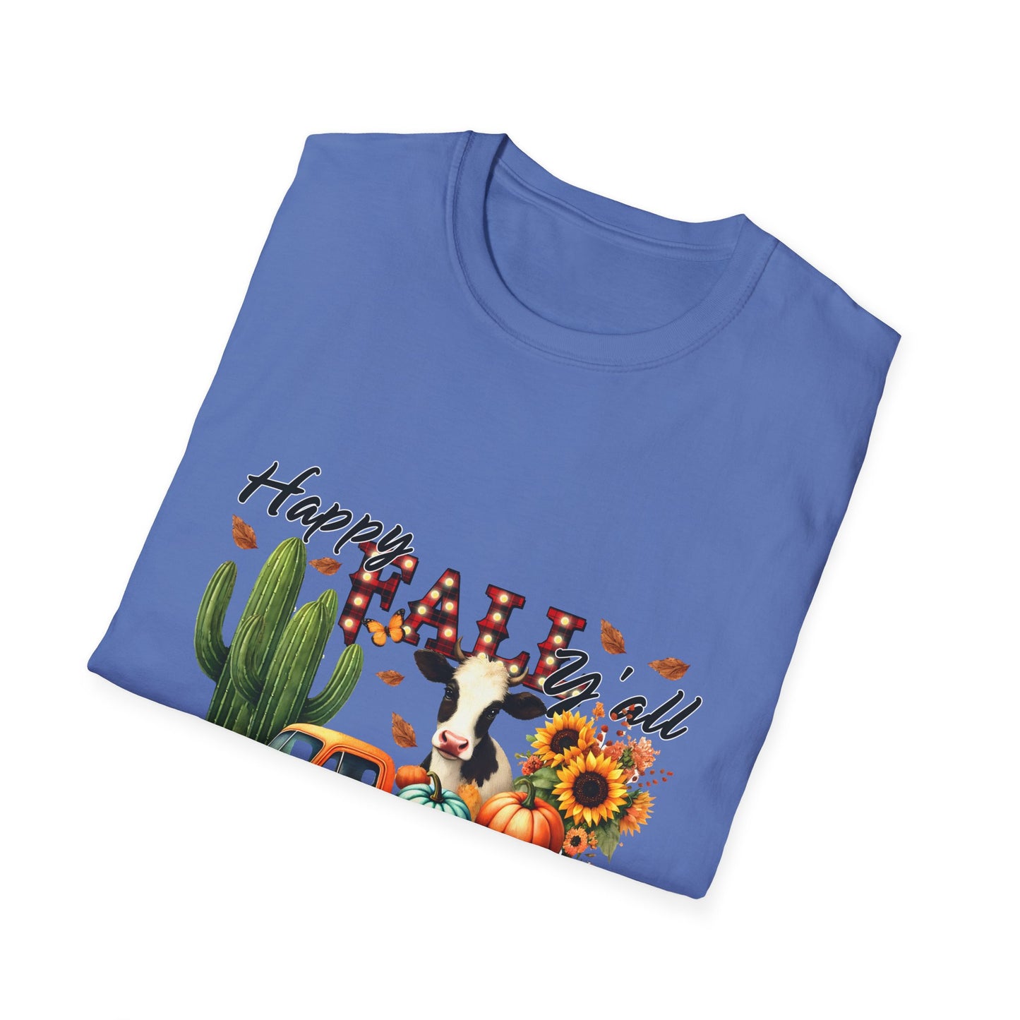 Happy Fall Y'all Unisex Softstyle Cow. FarmT-Shirt - Autumn Vibe Tee with Pumpkins and Sunflowers
