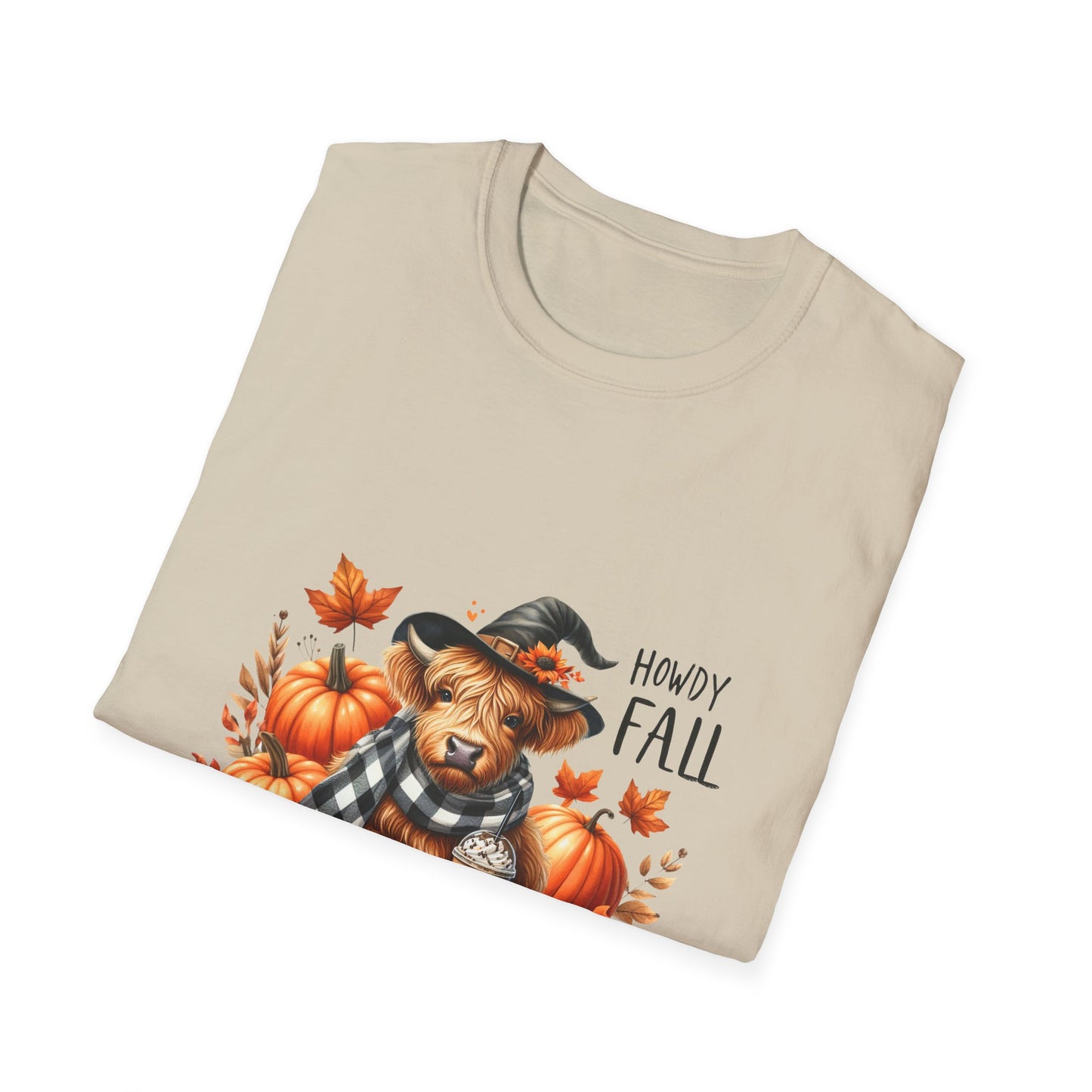 Howdy Fall-Themed Unisex T-Shirt with Cute Cow, Latte, and Pumpkin Design