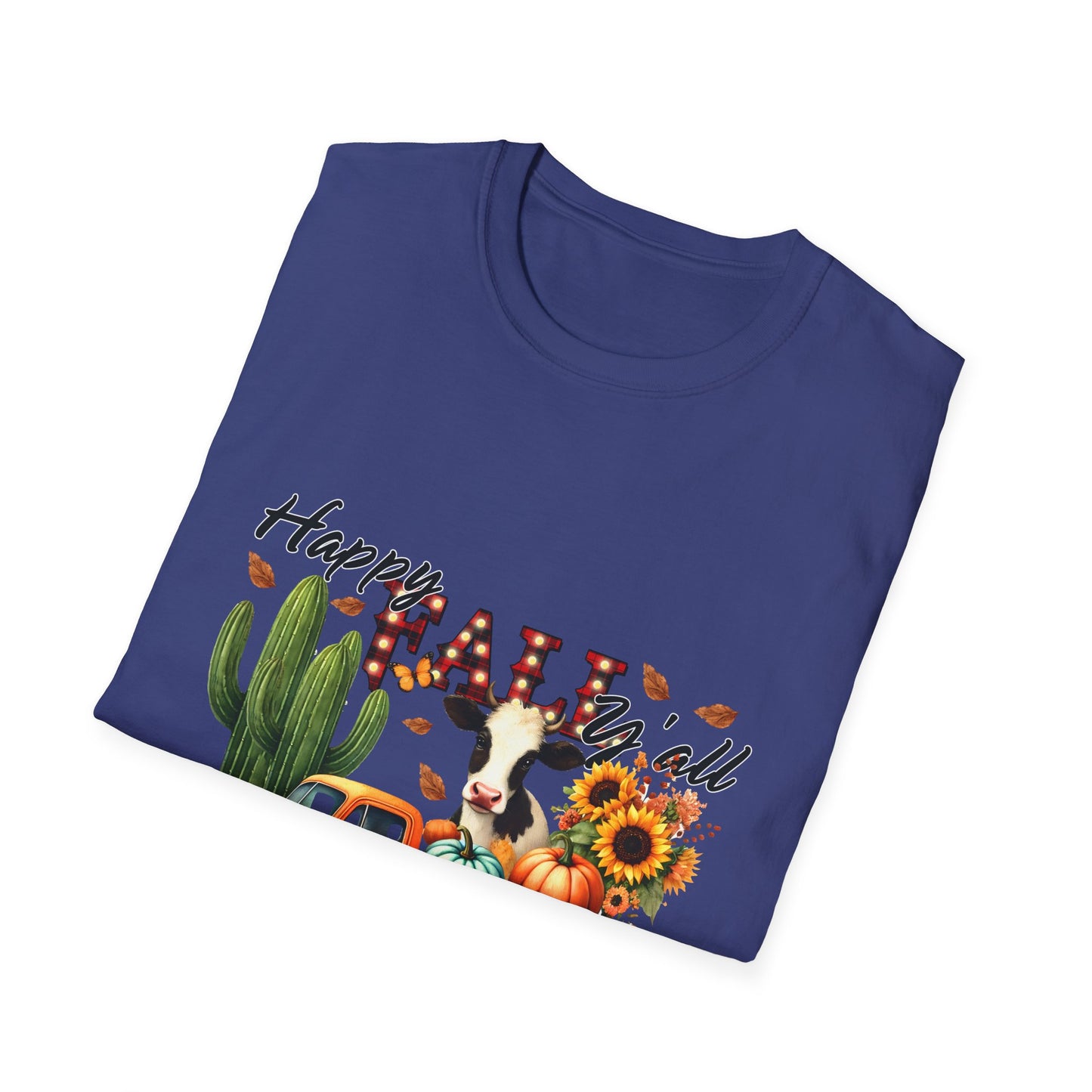Happy Fall Y'all Unisex Softstyle Cow. FarmT-Shirt - Autumn Vibe Tee with Pumpkins and Sunflowers