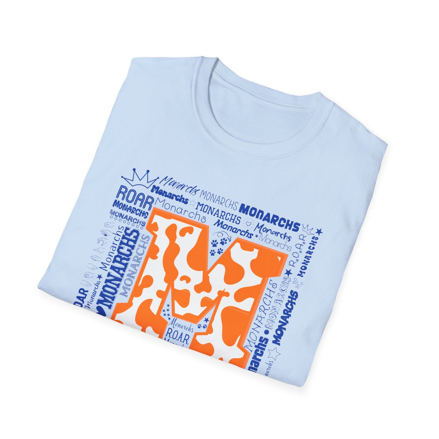 Orange Cow M Monarchs Unisex Softstyle T-Shirt with 'Monarchs Roar' Design - Perfect for School Spirit and Team Events