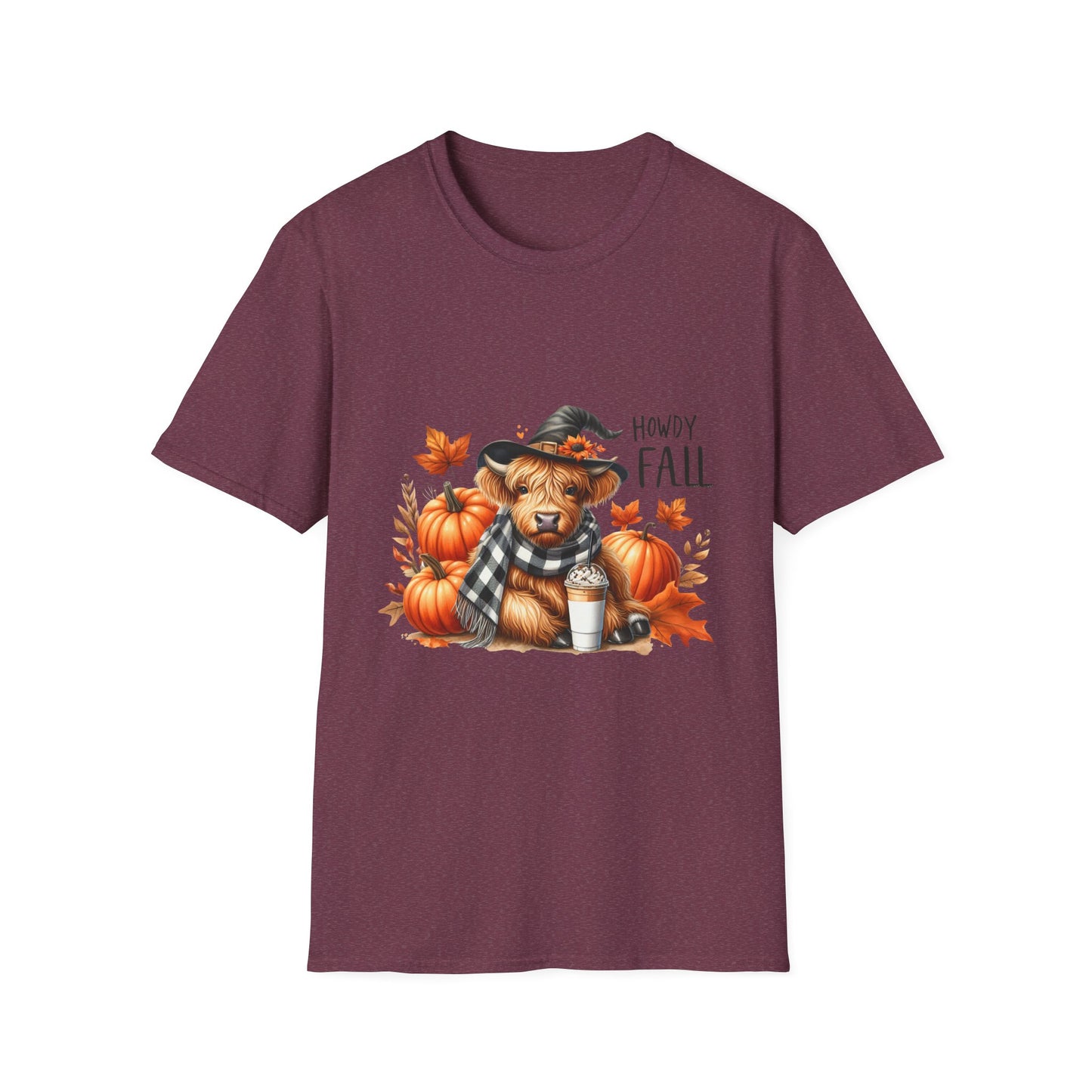 Howdy Fall-Themed Unisex T-Shirt with Cute Cow, Latte, and Pumpkin Design