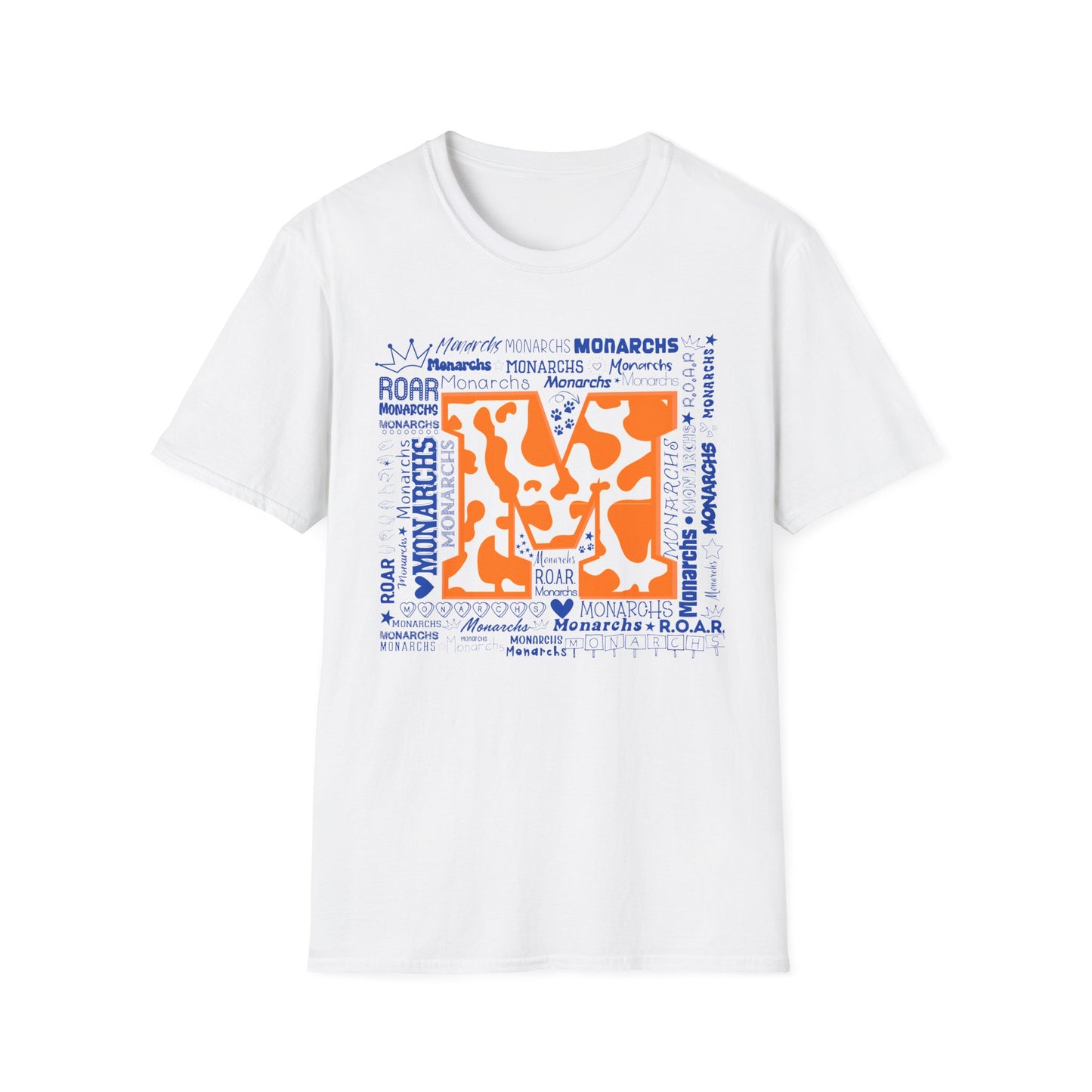 Orange Cow M Monarchs Unisex Softstyle T-Shirt with 'Monarchs Roar' Design - Perfect for School Spirit and Team Events