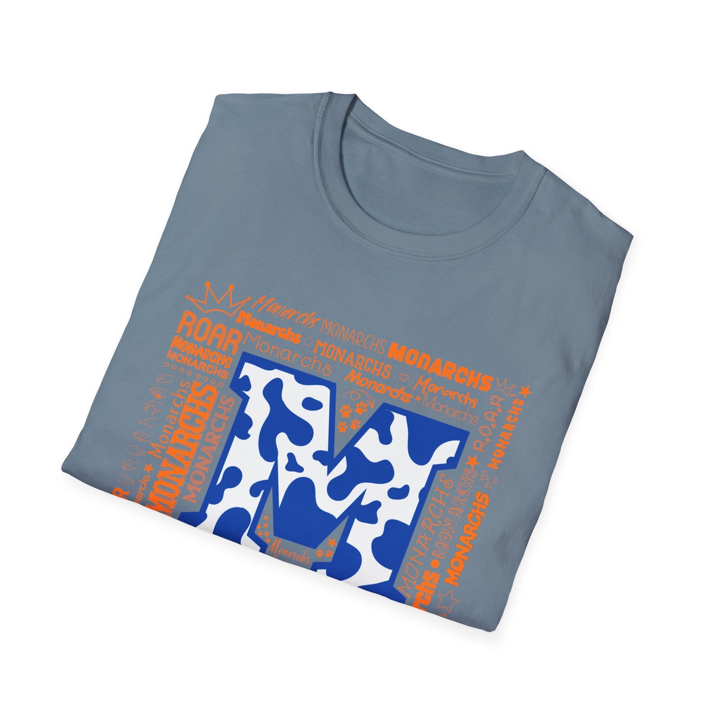 Blue Cow Print M Monarchs Unisex Softstyle T-Shirt - Monarchs Roar Graphic Tee for School Spirit