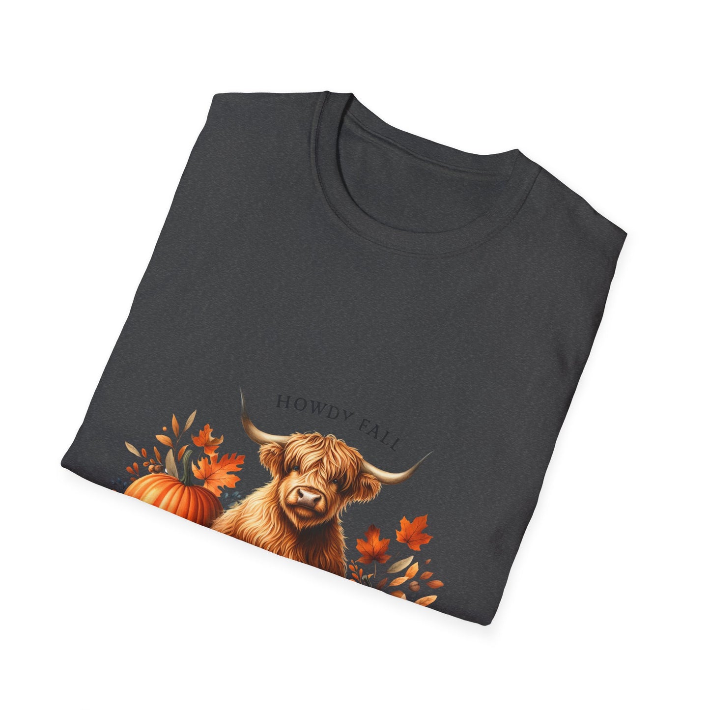 Howdy Fall-Themed Highland Cow Unisex T-Shirt - Cute Pumpkin Design