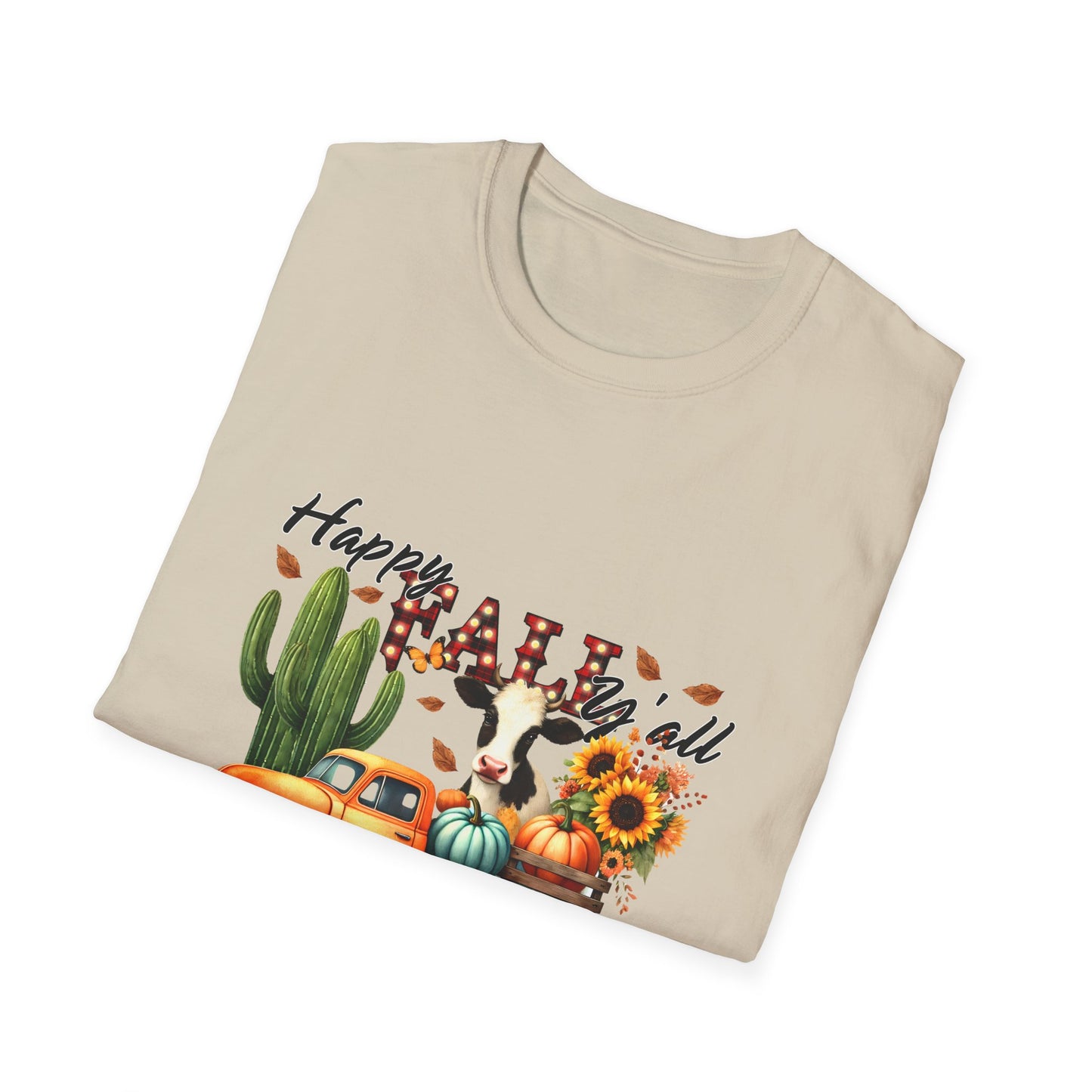 Happy Fall Y'all Unisex Softstyle Cow. FarmT-Shirt - Autumn Vibe Tee with Pumpkins and Sunflowers