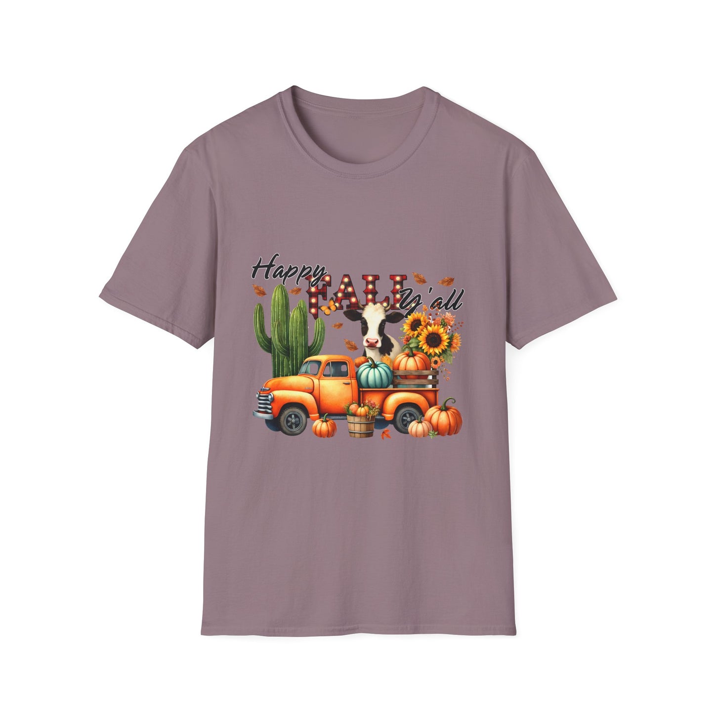 Happy Fall Y'all Unisex Softstyle Cow. FarmT-Shirt - Autumn Vibe Tee with Pumpkins and Sunflowers