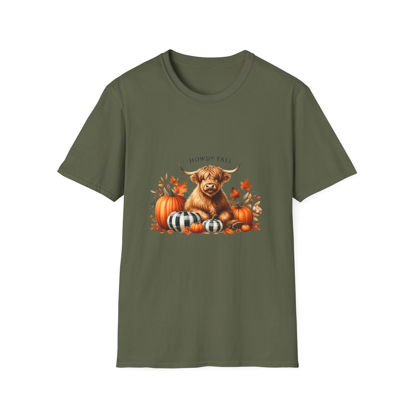 Howdy Fall-Themed Highland Cow Unisex T-Shirt - Cute Pumpkin Design