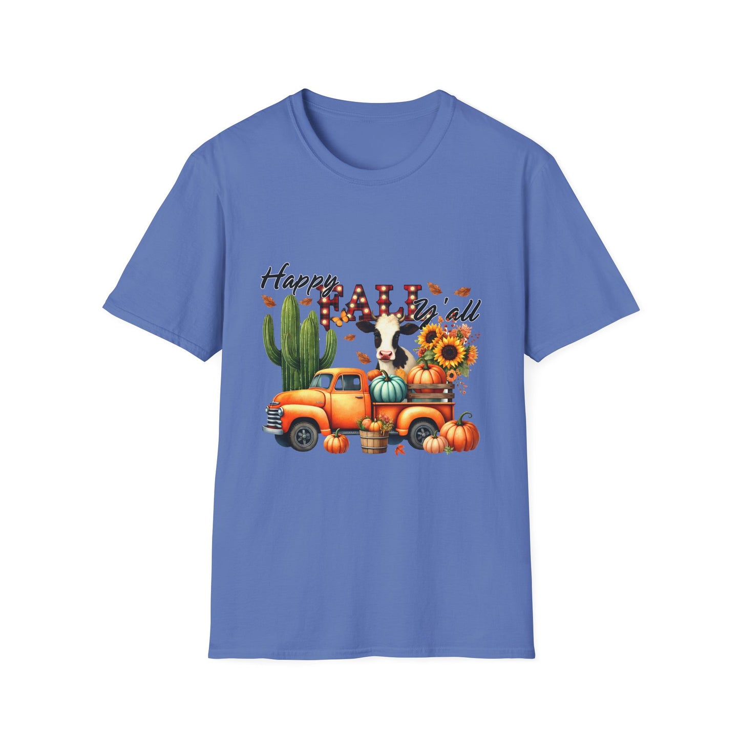 Happy Fall Y'all Unisex Softstyle Cow. FarmT-Shirt - Autumn Vibe Tee with Pumpkins and Sunflowers