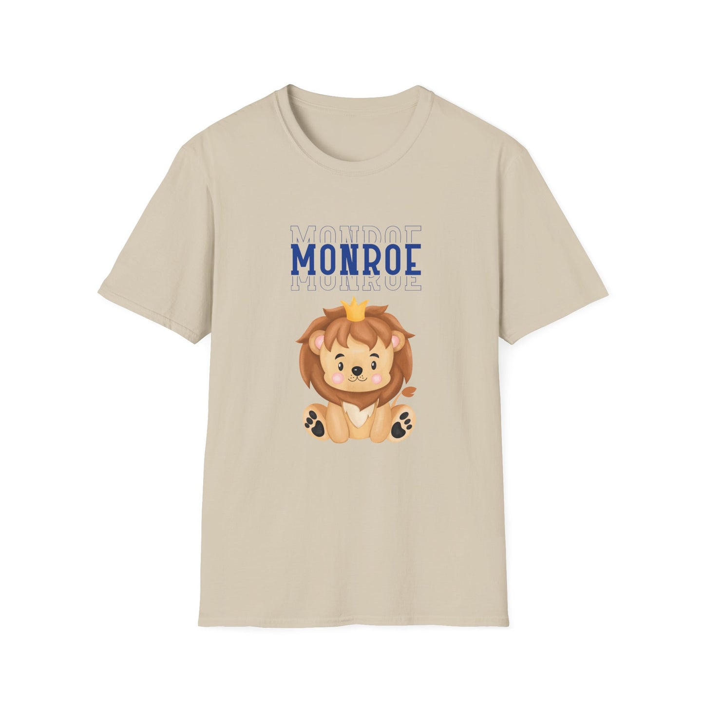 Triple Monroe Blue Lettering Cute Lion Wearing Crown Softstyle T-Shirt: Adult Unisex