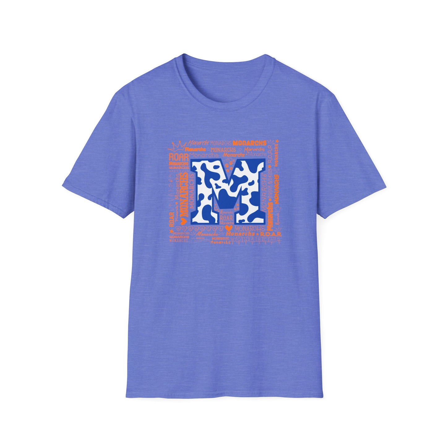 Blue Cow Print M Monarchs Unisex Softstyle T-Shirt - Monarchs Roar Graphic Tee for School Spirit